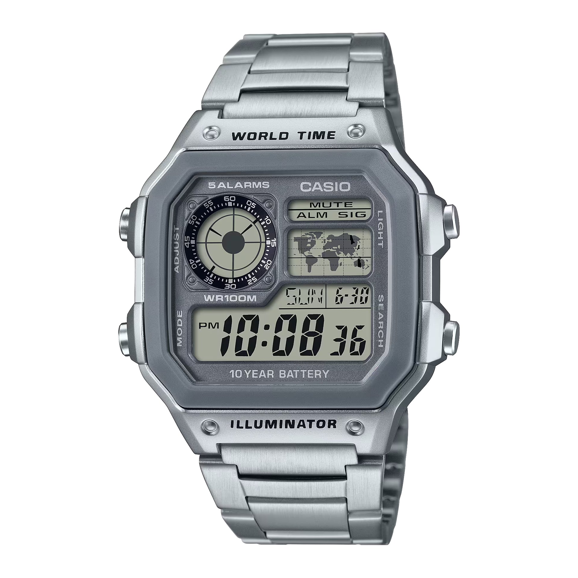 Casio Men's Multi-Function Digital World Time Watch with Stainless Steel Band - AE-1200WHD-7A