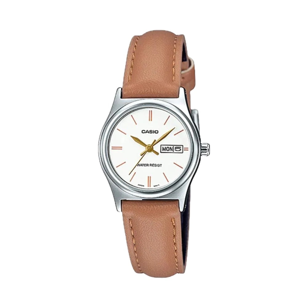 Casio WomenÕs White Dial Brown Leather Strap Watch - LTP-V006L-7B2UDF