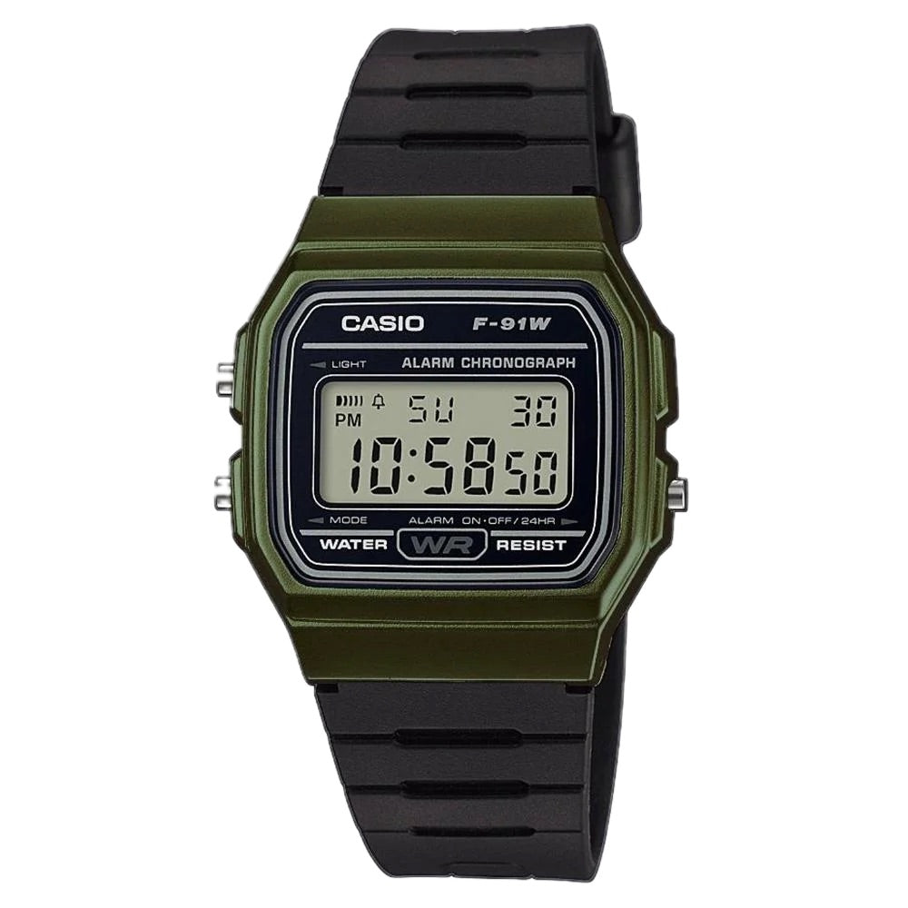 Casio Men's Classic Digital Black Watch with Military Green Case - F-91WM-3ACF