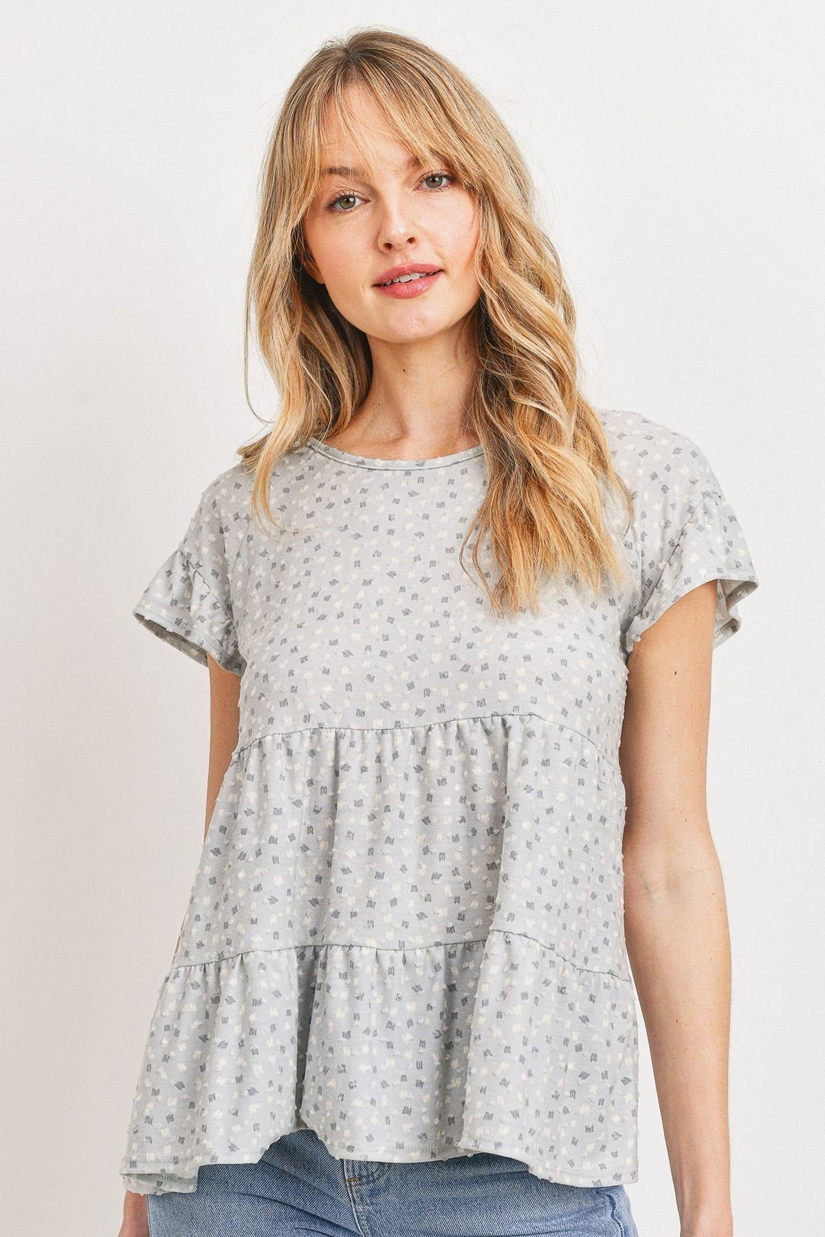 Dot Textured Print Jersey Ruffled Short Sleeve Top