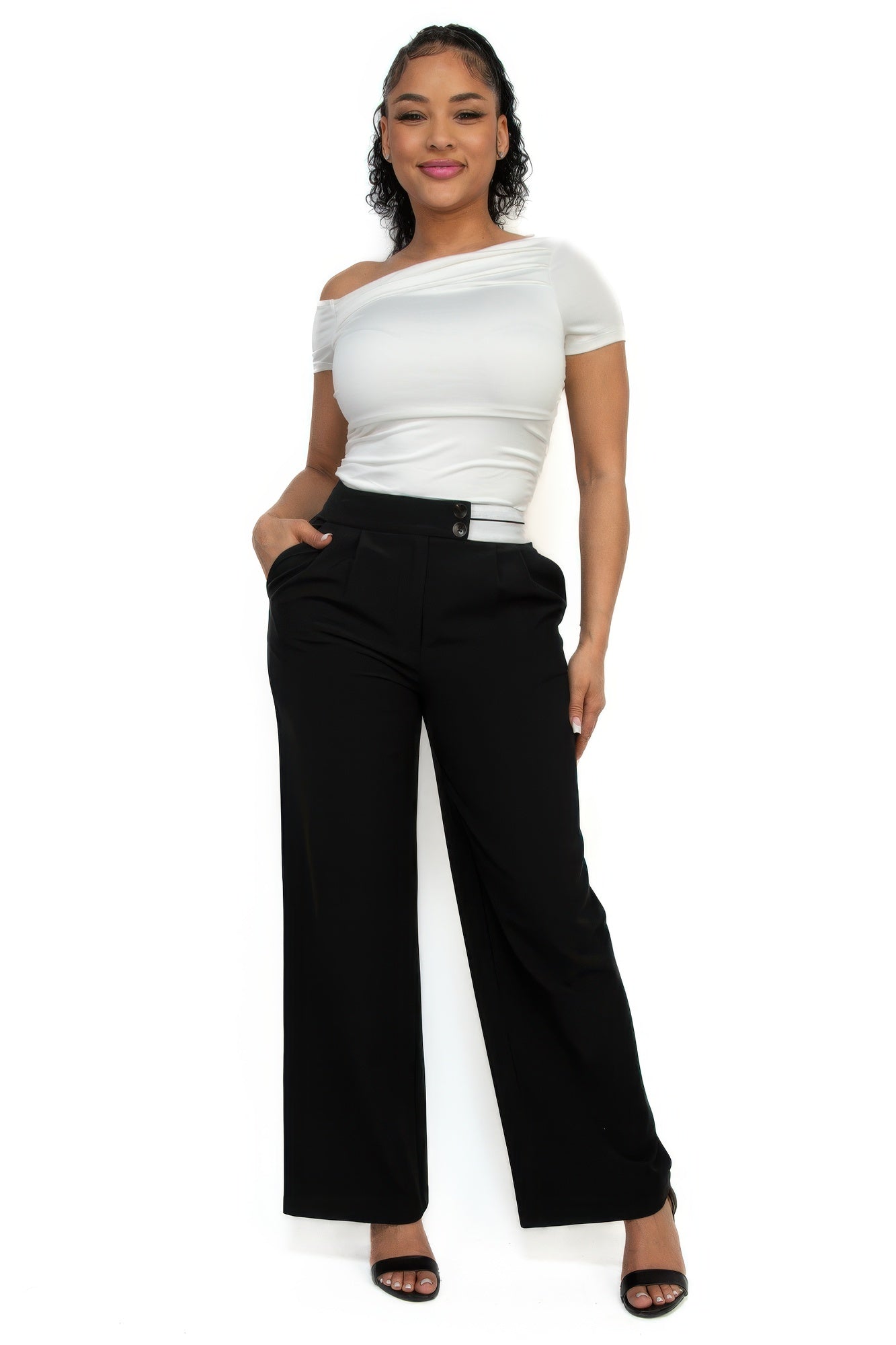 High-rise wide elastic contrast waist pants