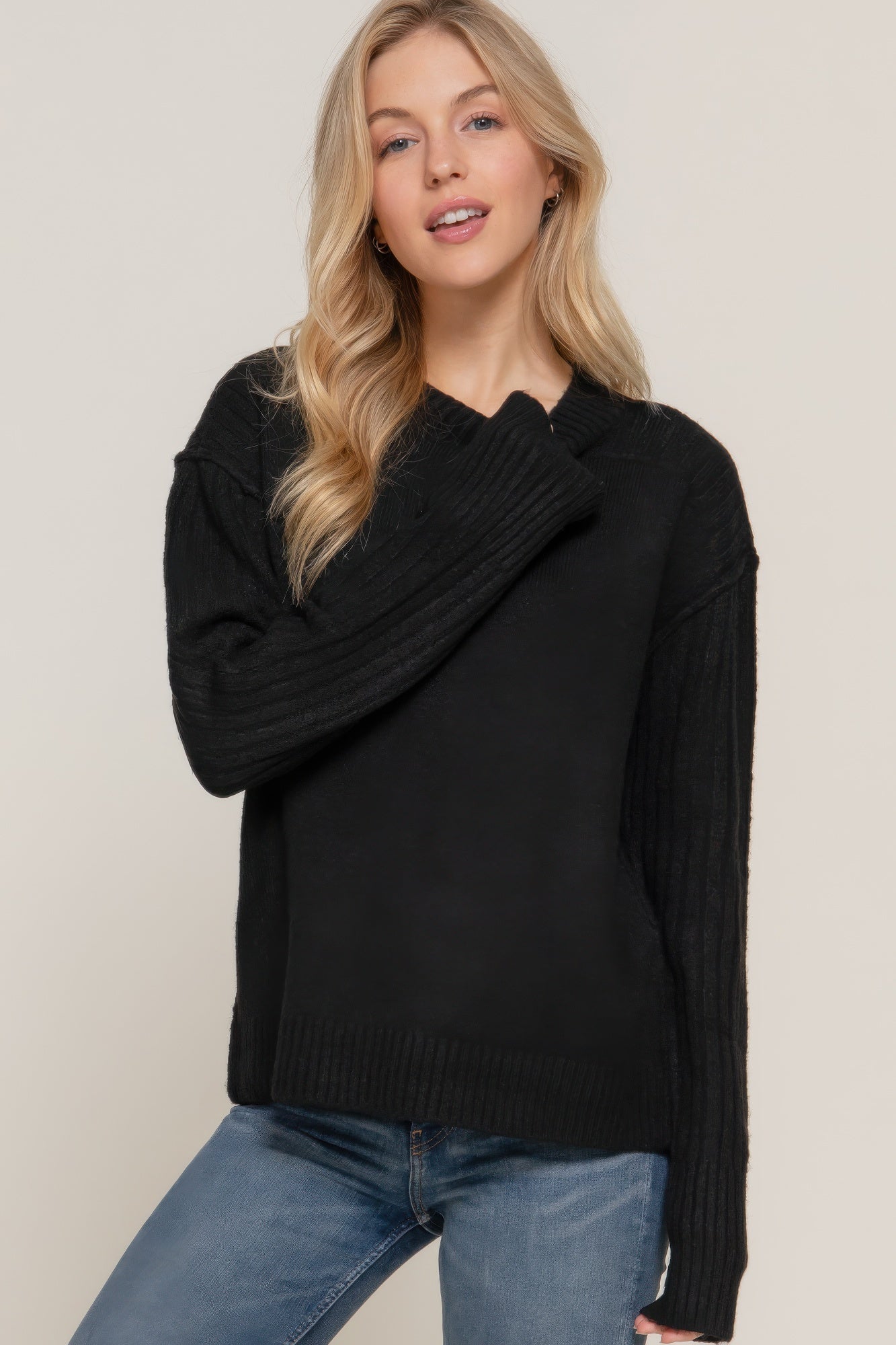 Long Slv Mock Neck Raised Seam Sweater