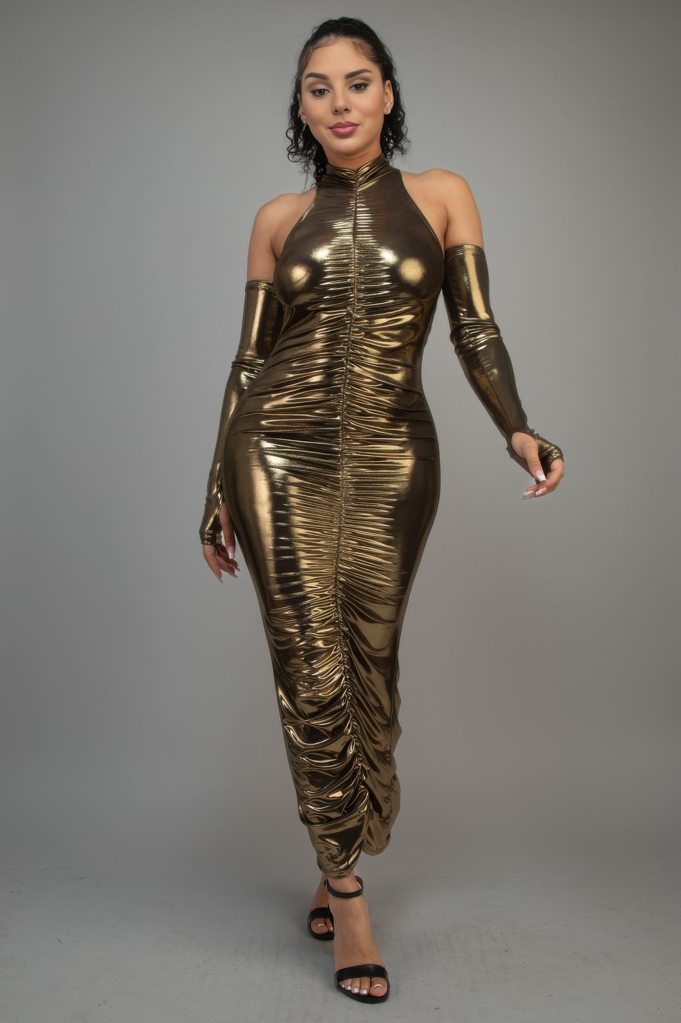 Metallic Ruched Dress With Sleeves