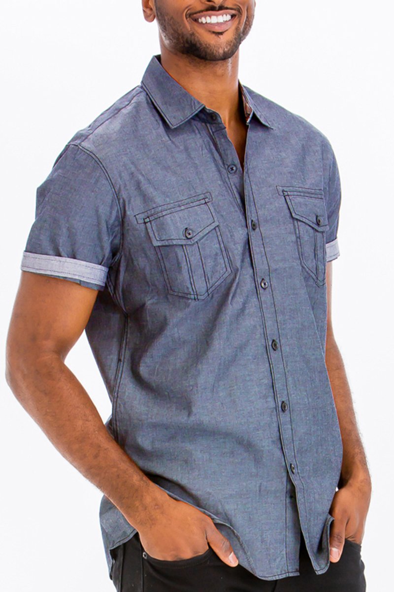 OUTLINE STITCH SHORT SLEEVE BUTTON DOWN SHIRT