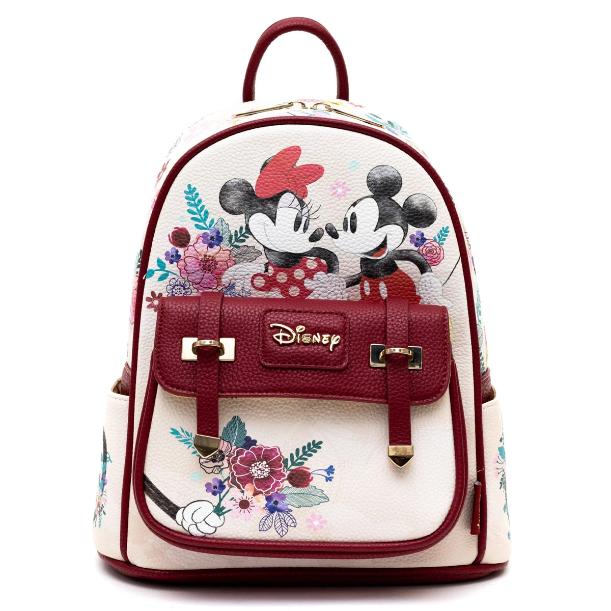 Disney Mickey And Minnie - 11" Vegan Leather Mini Backpack With Dust Coverr