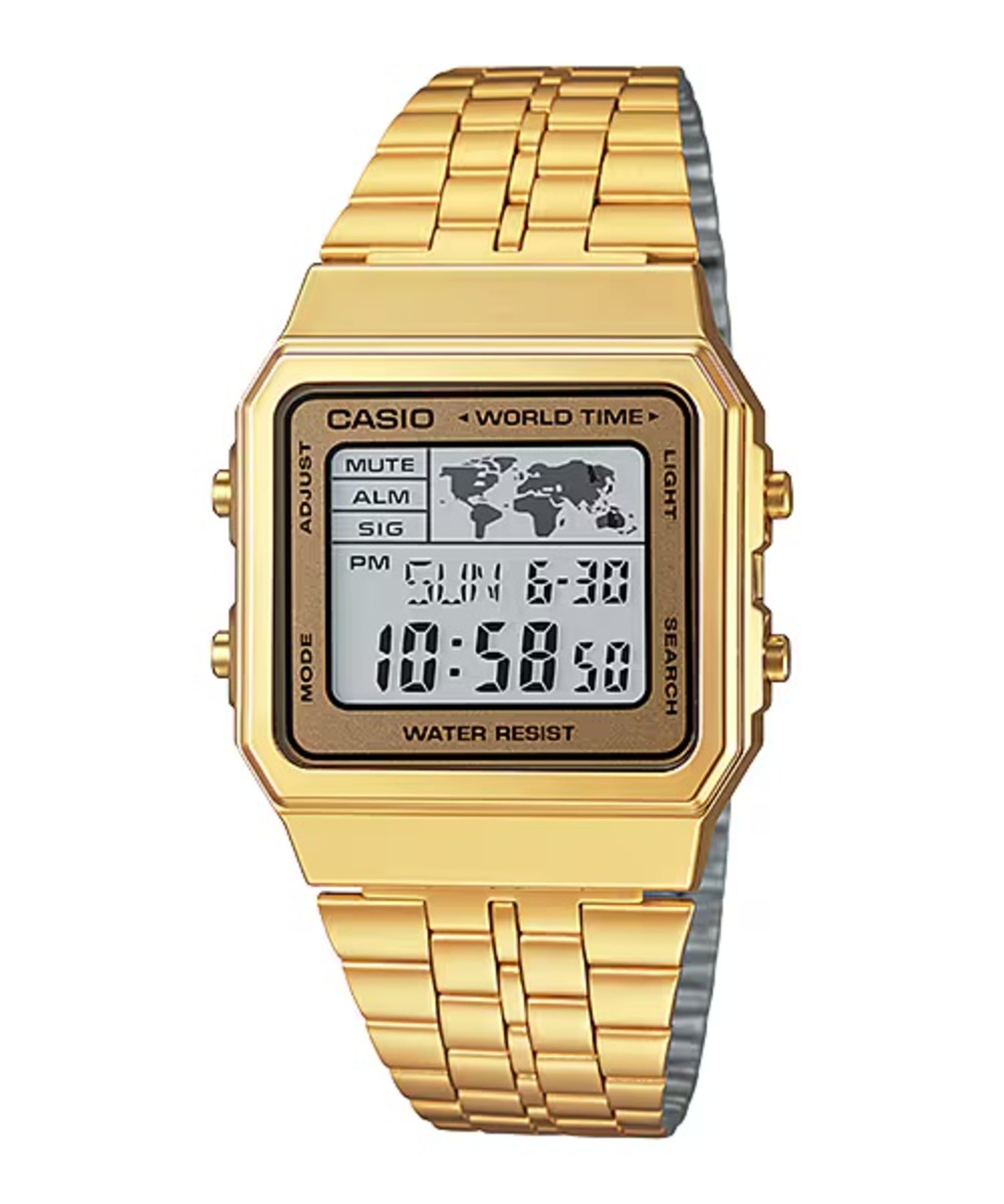 Casio MenÕs/Unisex Gold-Tone Digital World Time Stainless Steel Bracelet Watch - A500WGA-9DF