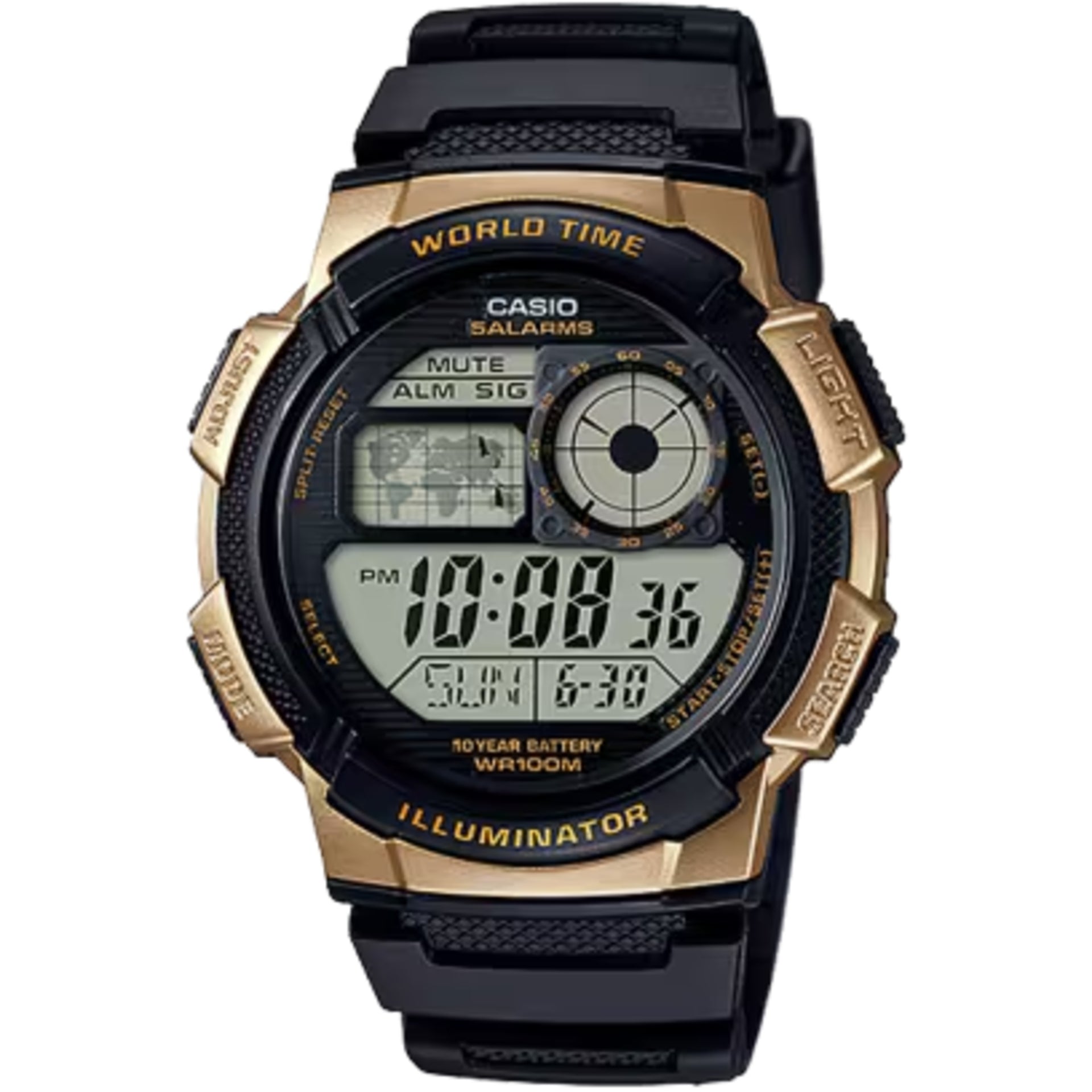 Casio Men’s World Time Digital Resin Watch with Black and Gold Dial - AE-1000W-1A3VCF