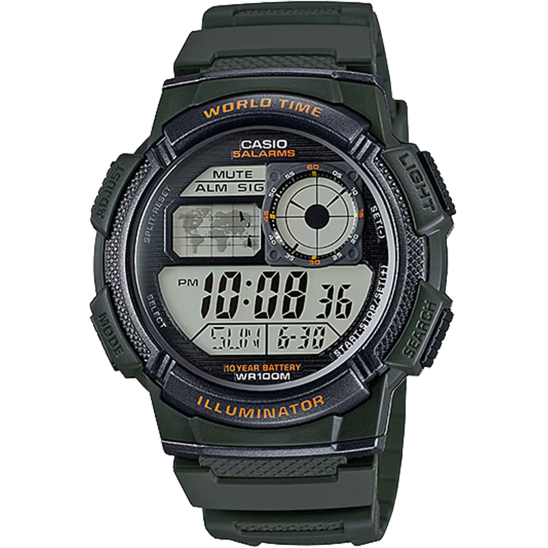 Casio Men’s World Time Green Resin Digital Watch - AE-1000W-3AVCF