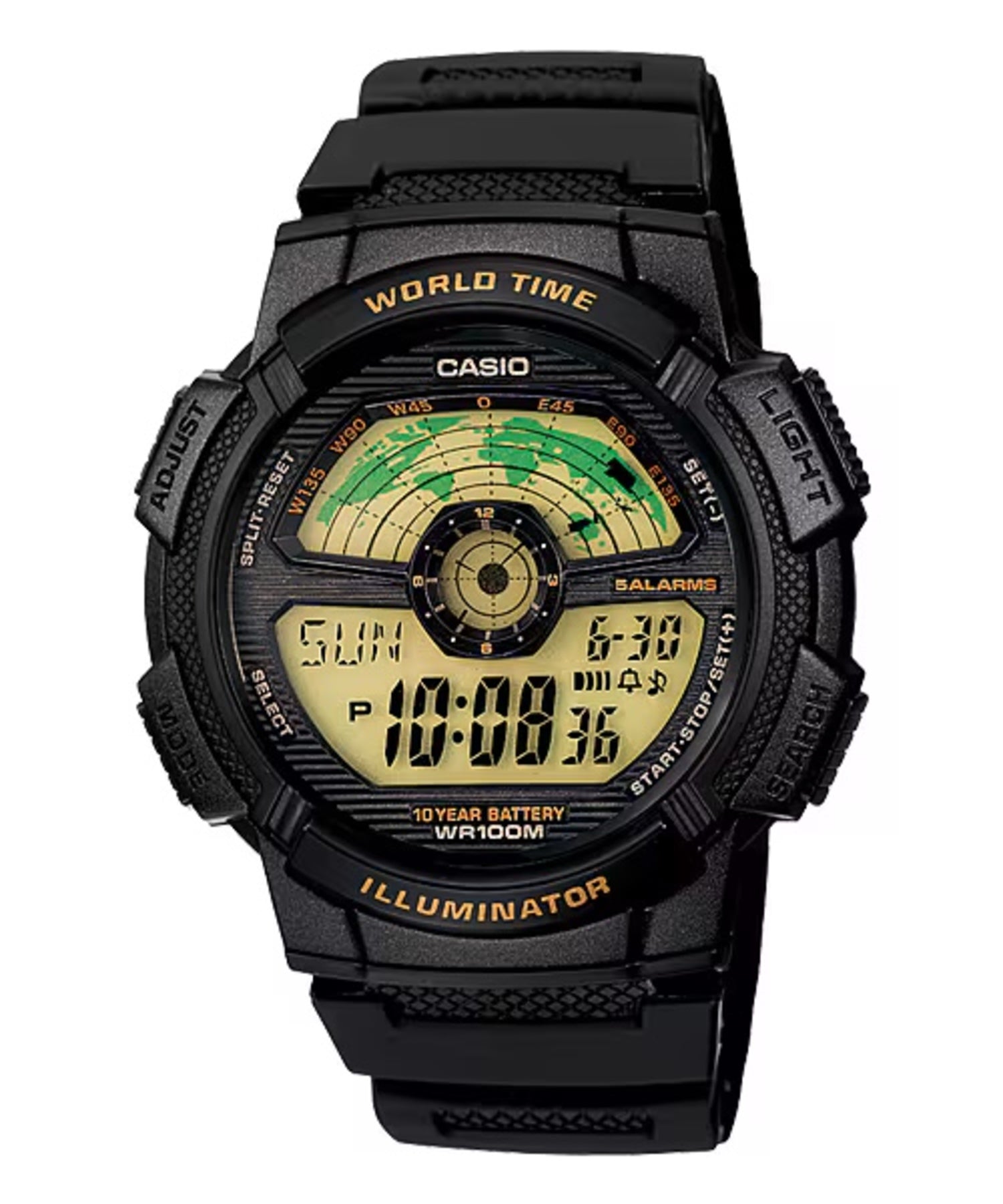 Casio MenÕs Black Digital World Time Watch with Gold-Tone Display - AE-1100W-1BV