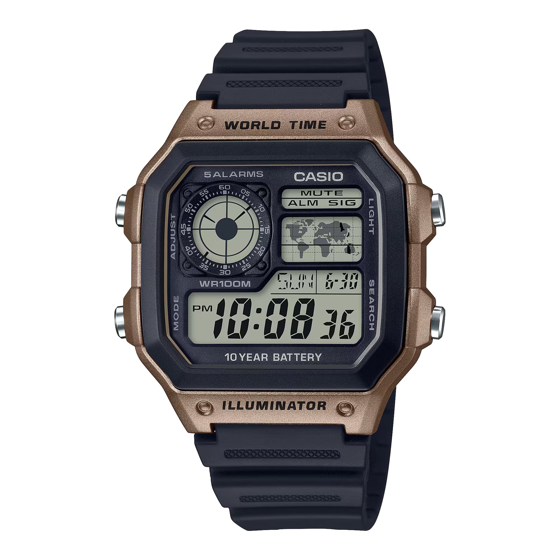 Casio Men’s Black and Brown World Time Digital Resin Watch - AE-1200WH-5AVCF