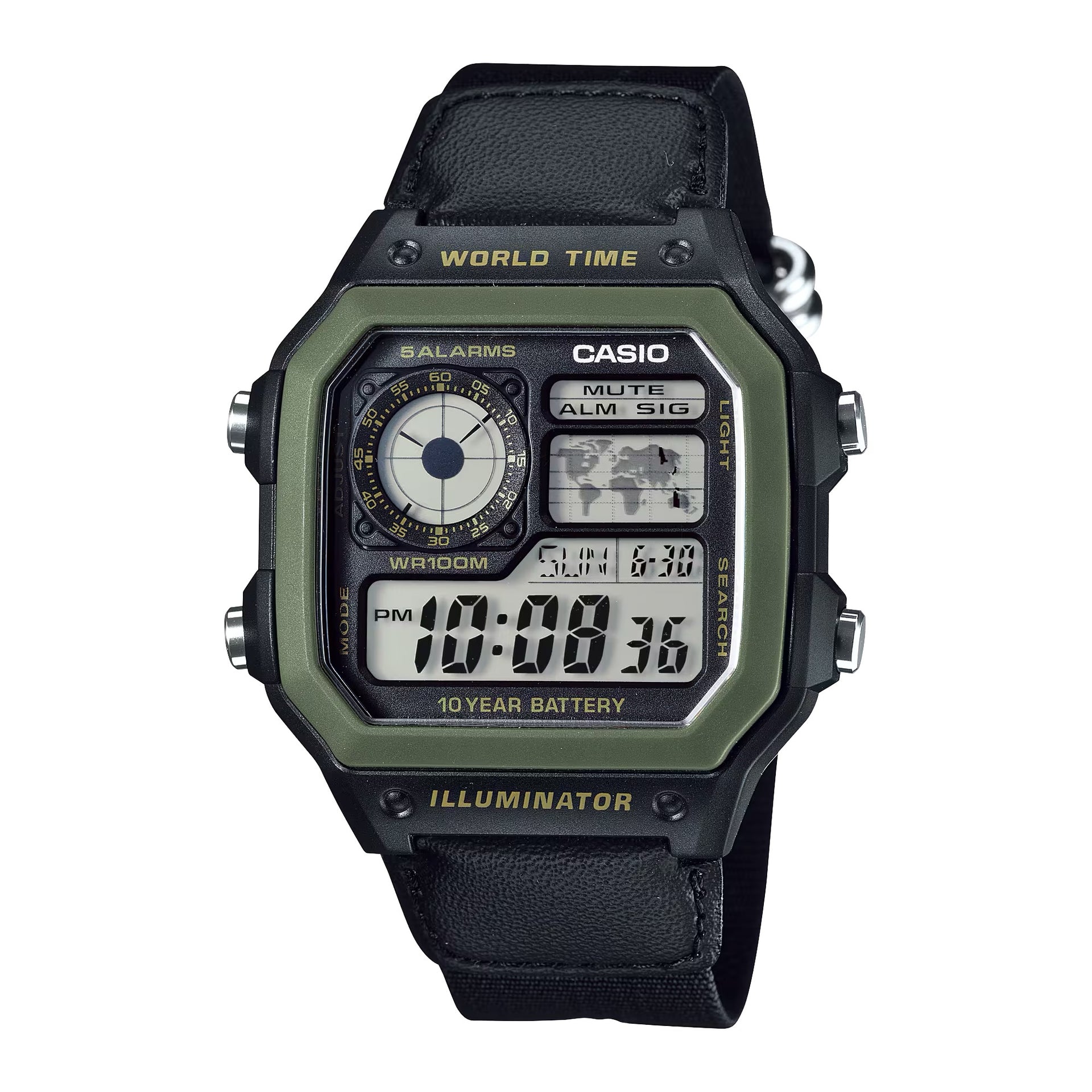 Casio MenÕs Black Digital Green Cloth Strap Watch - AE-1200WHB-1BV