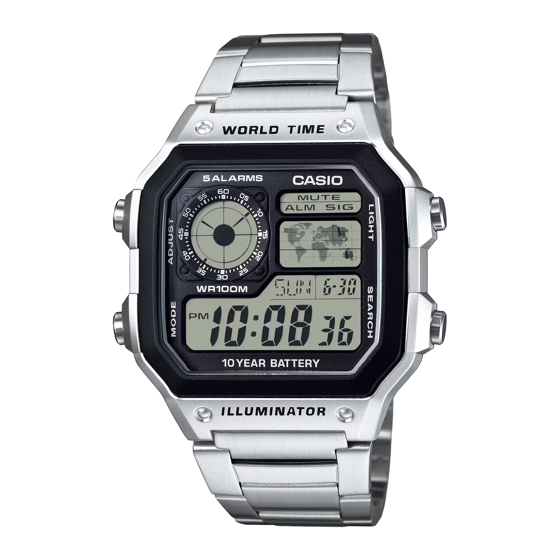Casio Men’s World Time Stainless Steel Digital Watch Silver - AE-1200WHD-1AVCF