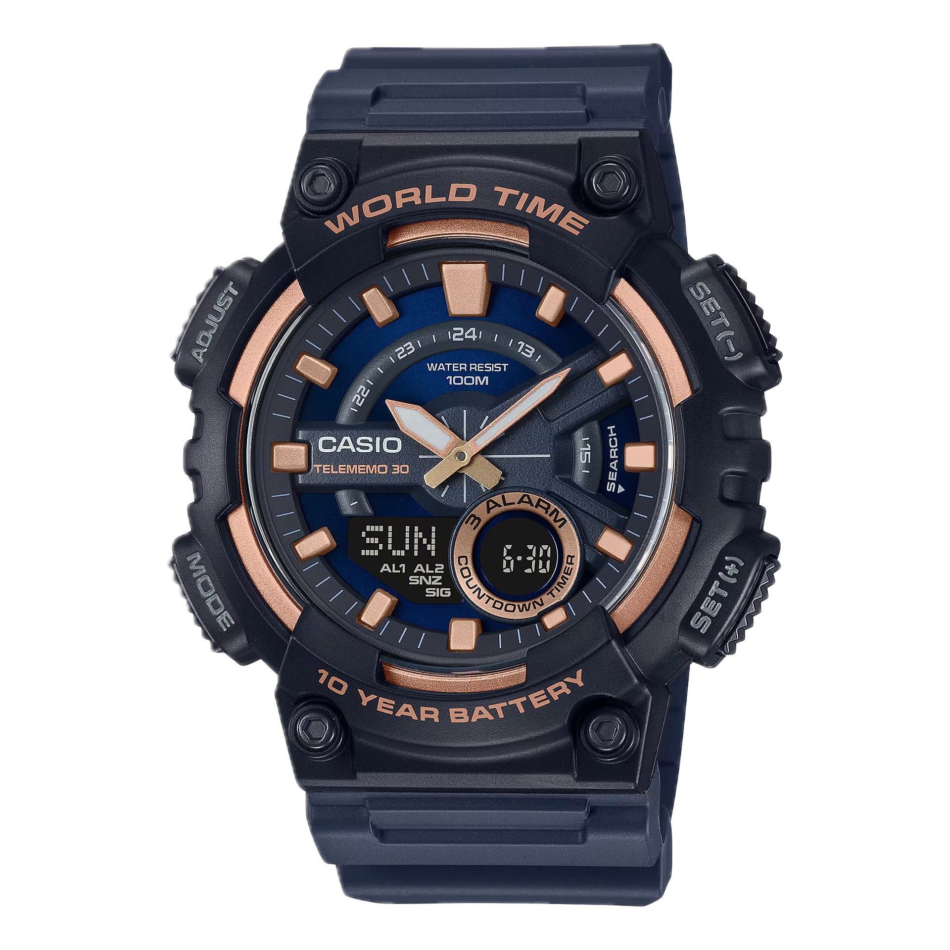 Casio MenÕs Analog-Digital Sport Watch with Blue and Rose Gold Dial - AEQ-110W-2A3V