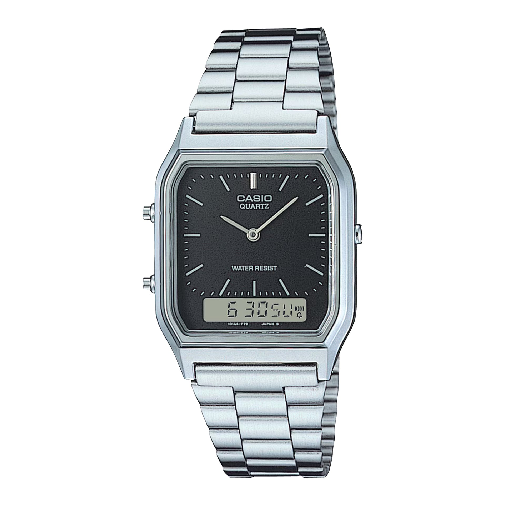 Casio MenÕs Silver Analog Digital Watch Black Dial Steel Bracelet - AQ-230A-1D