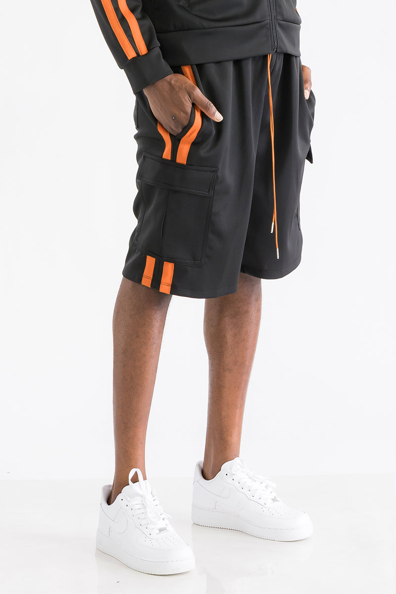 TWO STRIPE CARGO POCKET TRACK SHORTS