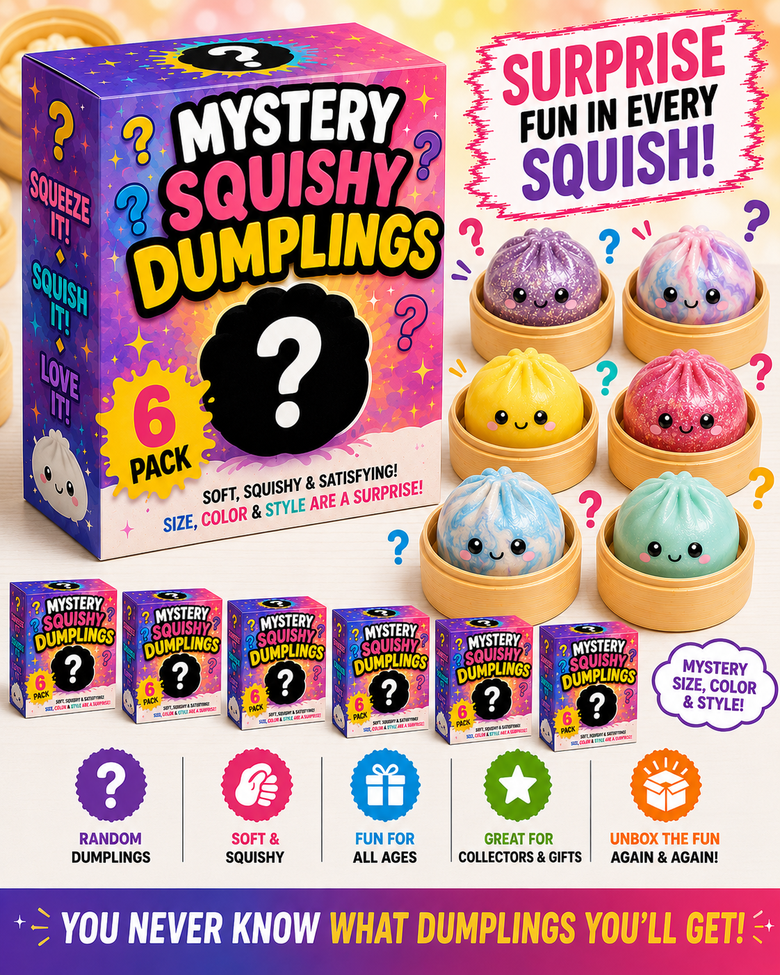 Pack of 6 Random Assortment Squishy Dumplings