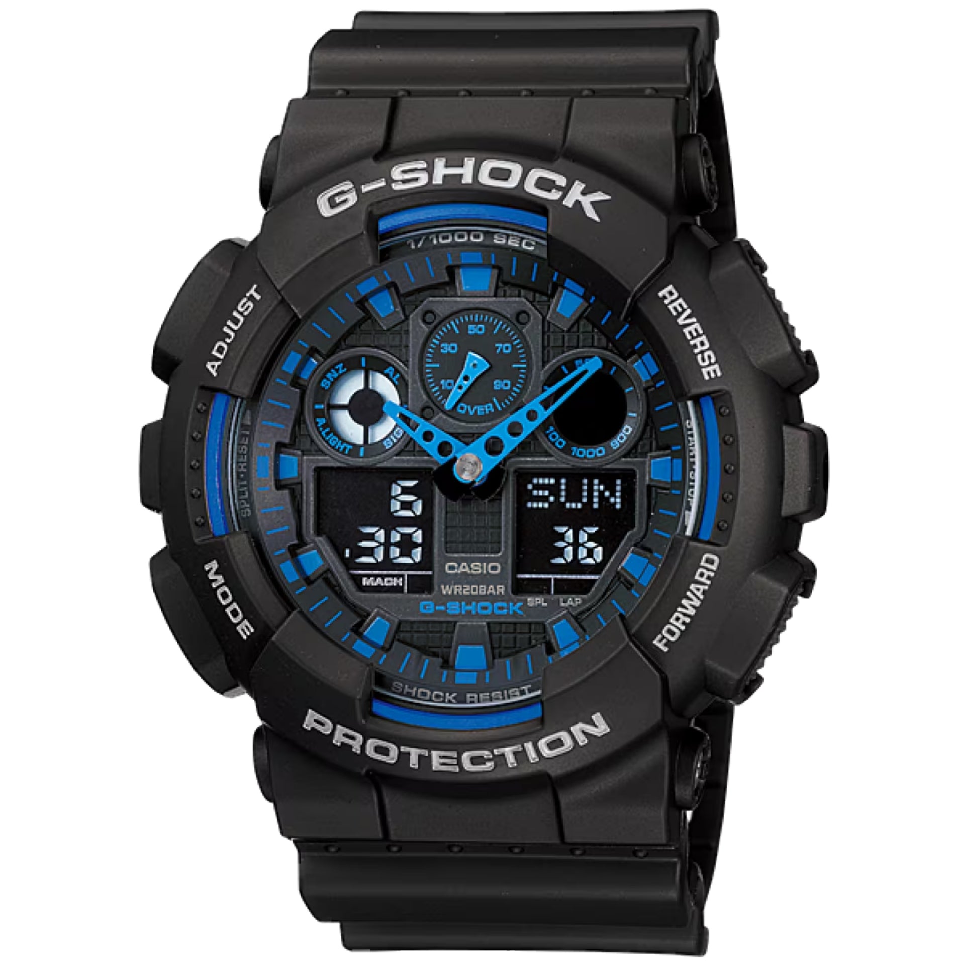 Casio G-SHOCK Men's Black and Blue Accent Dial Analog Watch Black Resin Strap - GA-100-1A2NDR