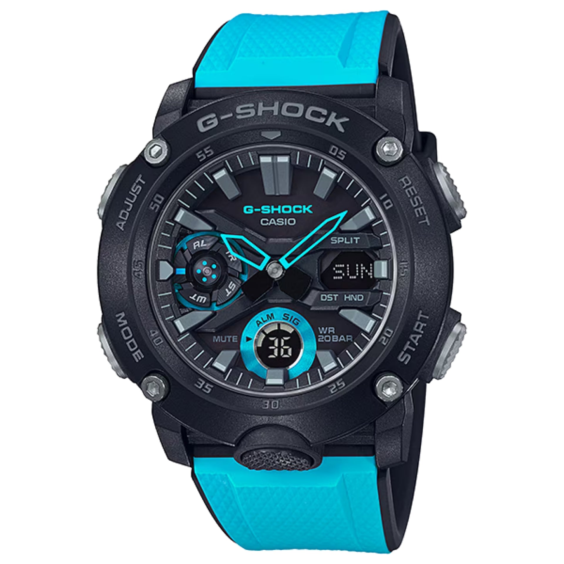 Casio G-SHOCK Men's Black and Blue Accent Dial Analog/Digital Watch Blue Resin Strap - GA-2000-1A2DR