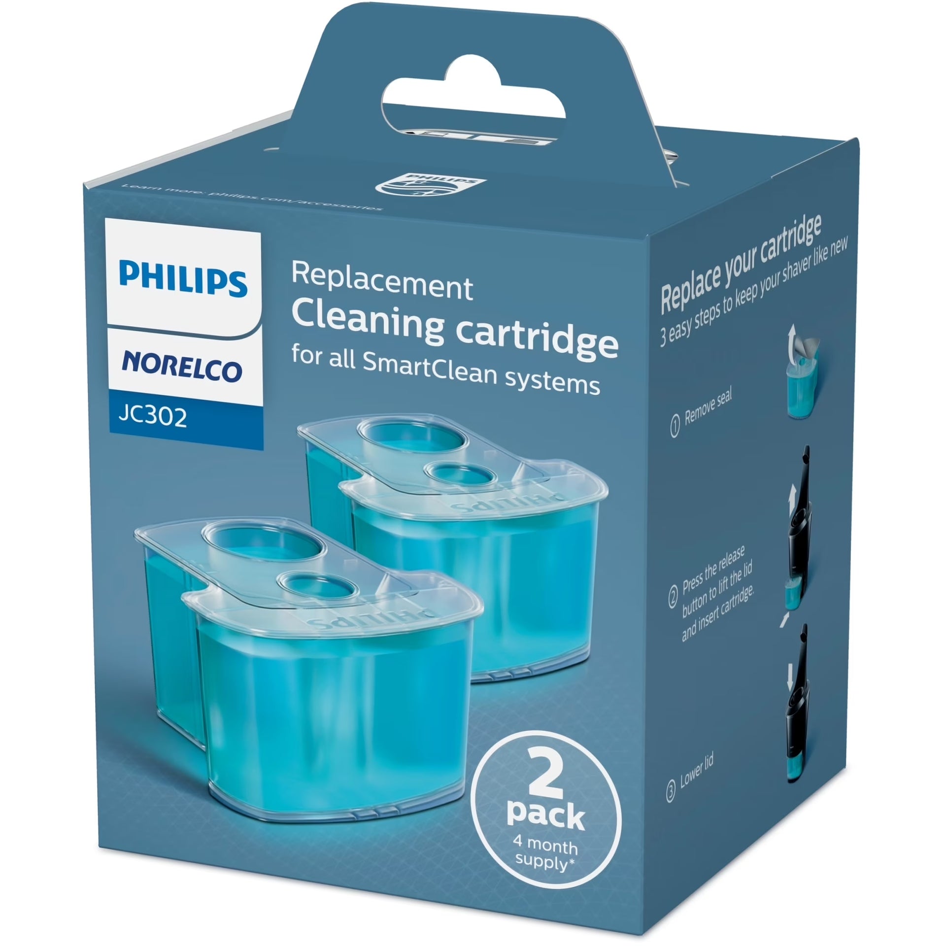 Philips Norelco SmartClean Replacement Cartridge 2-Pack JC302/52 Cleaning Solution - JC302-52