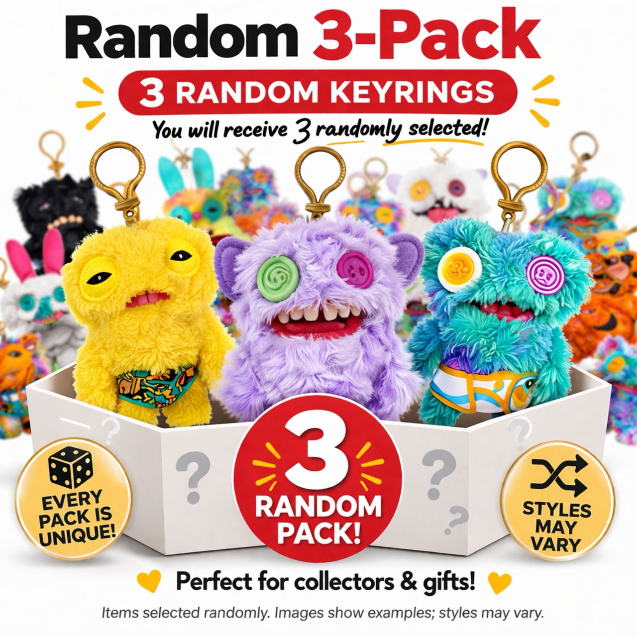 Set of 3 Zuru Fuggler Keyring 5 Inch Plush Toy Mystery Random Assortment