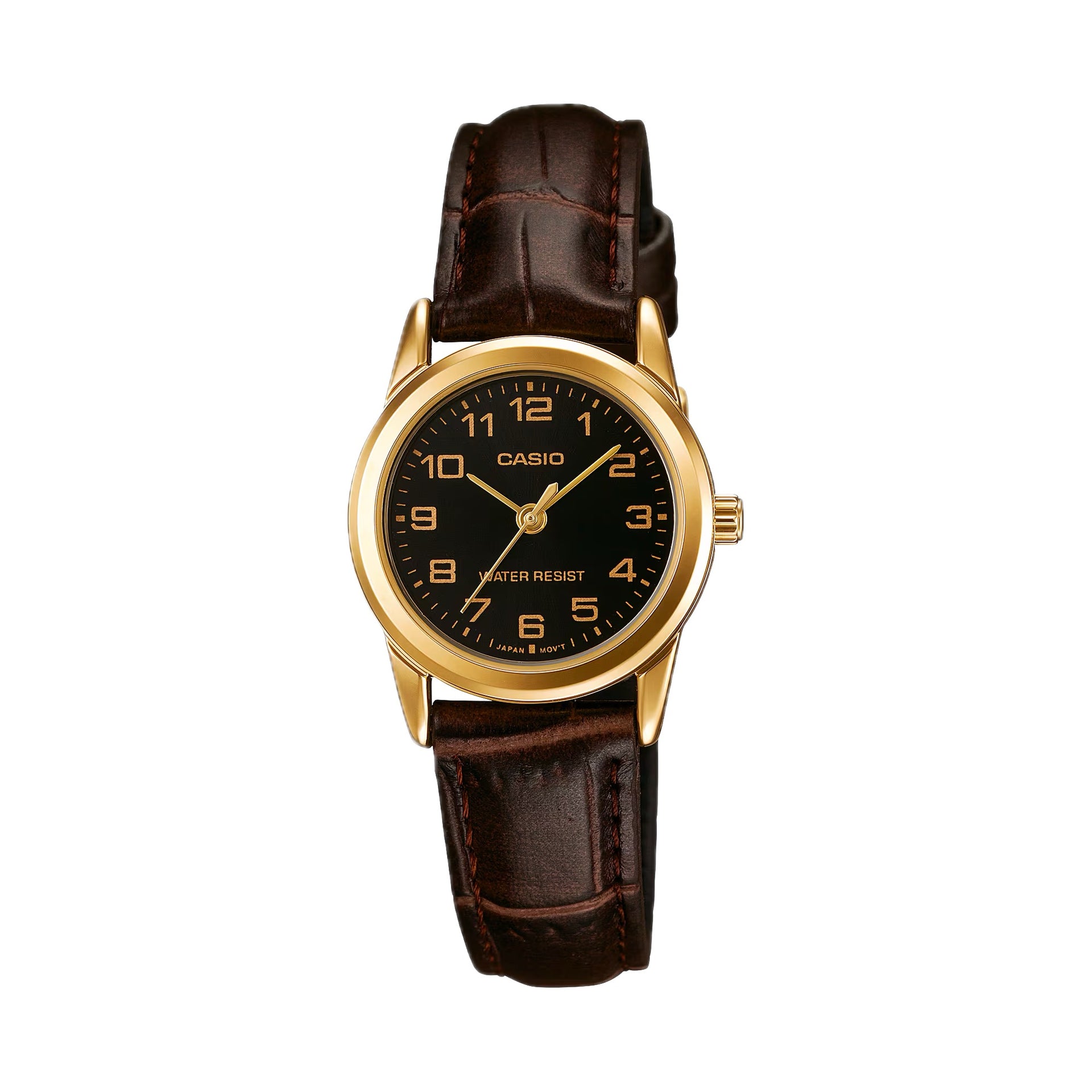 Casio WomenÕs Black Dial Gold-Tone Case Brown Leather Strap Watch - LTP-V001GL-1B