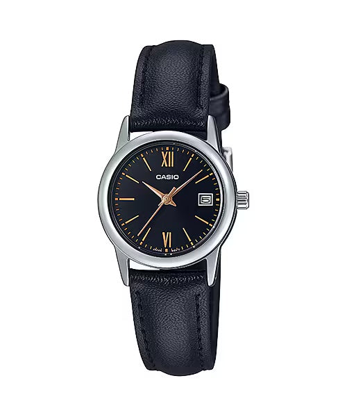 Casio WomenÕs Black Leather Watch with Black Dial and Gold Markers - LTP-V002L-1B3