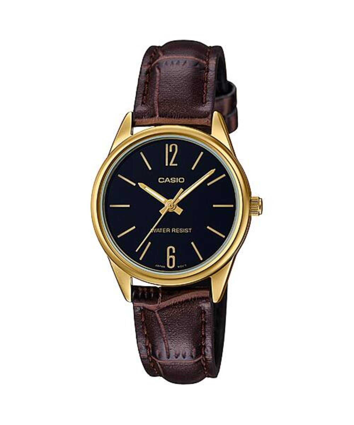 Casio WomenÕs Black Dial Gold-Tone Case Brown Leather Strap Watch - LTP-V005GL-1BUDF