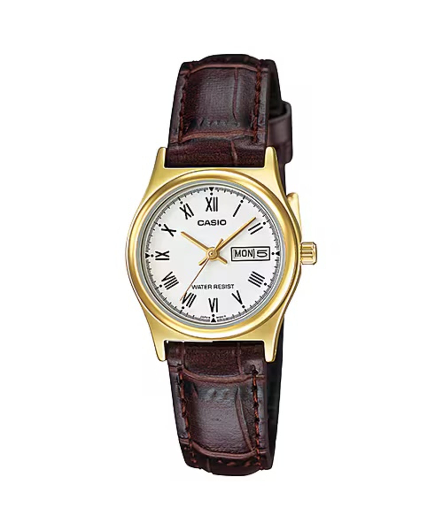 Casio WomenÕs Gold-Tone Analog Watch with White Dial and Brown Leather Strap - LTP-V006GL-7B
