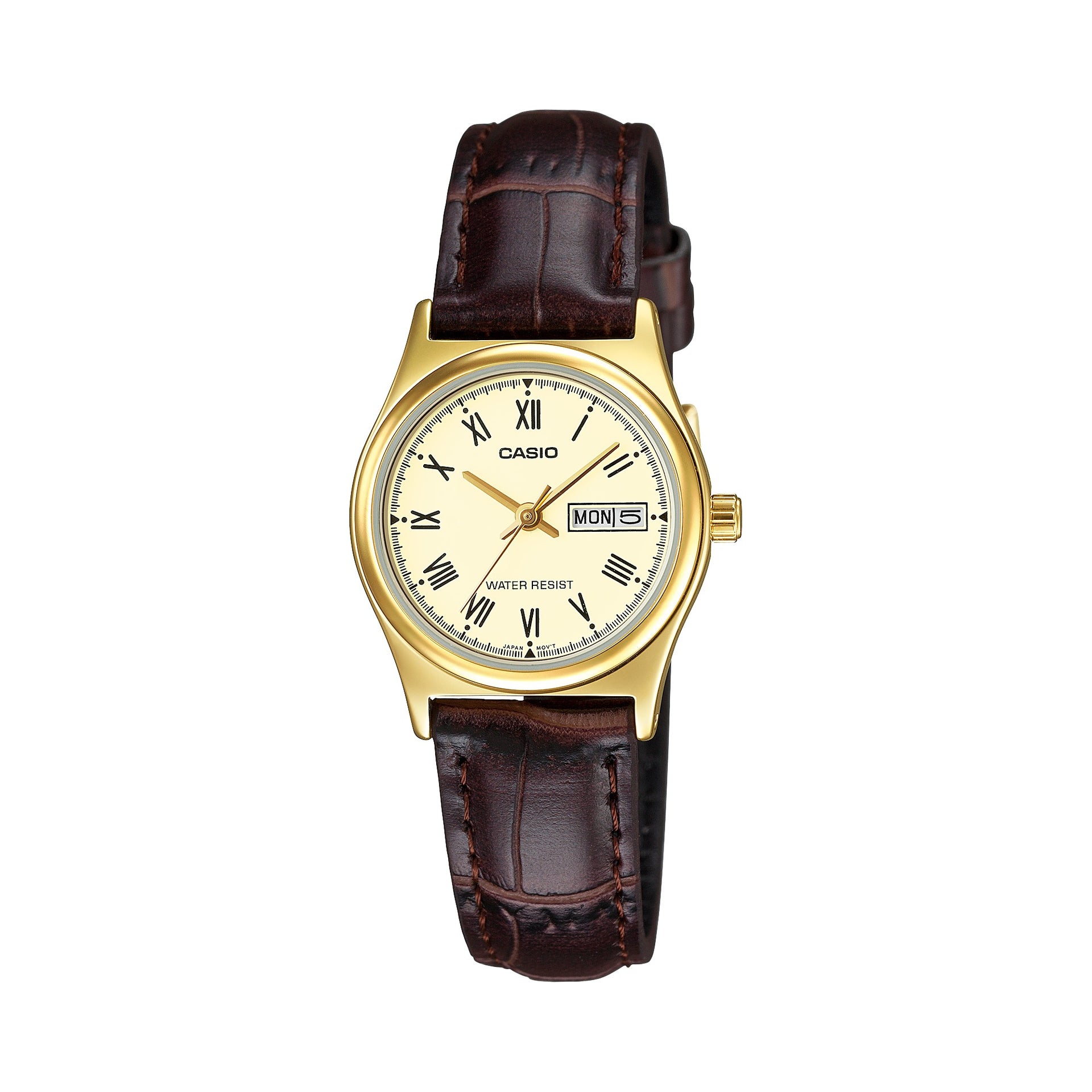 Casio WomenÕs Gold-Tone Case Brown Leather Strap Day/Date Watch - LTP-V006GL-9BUDF