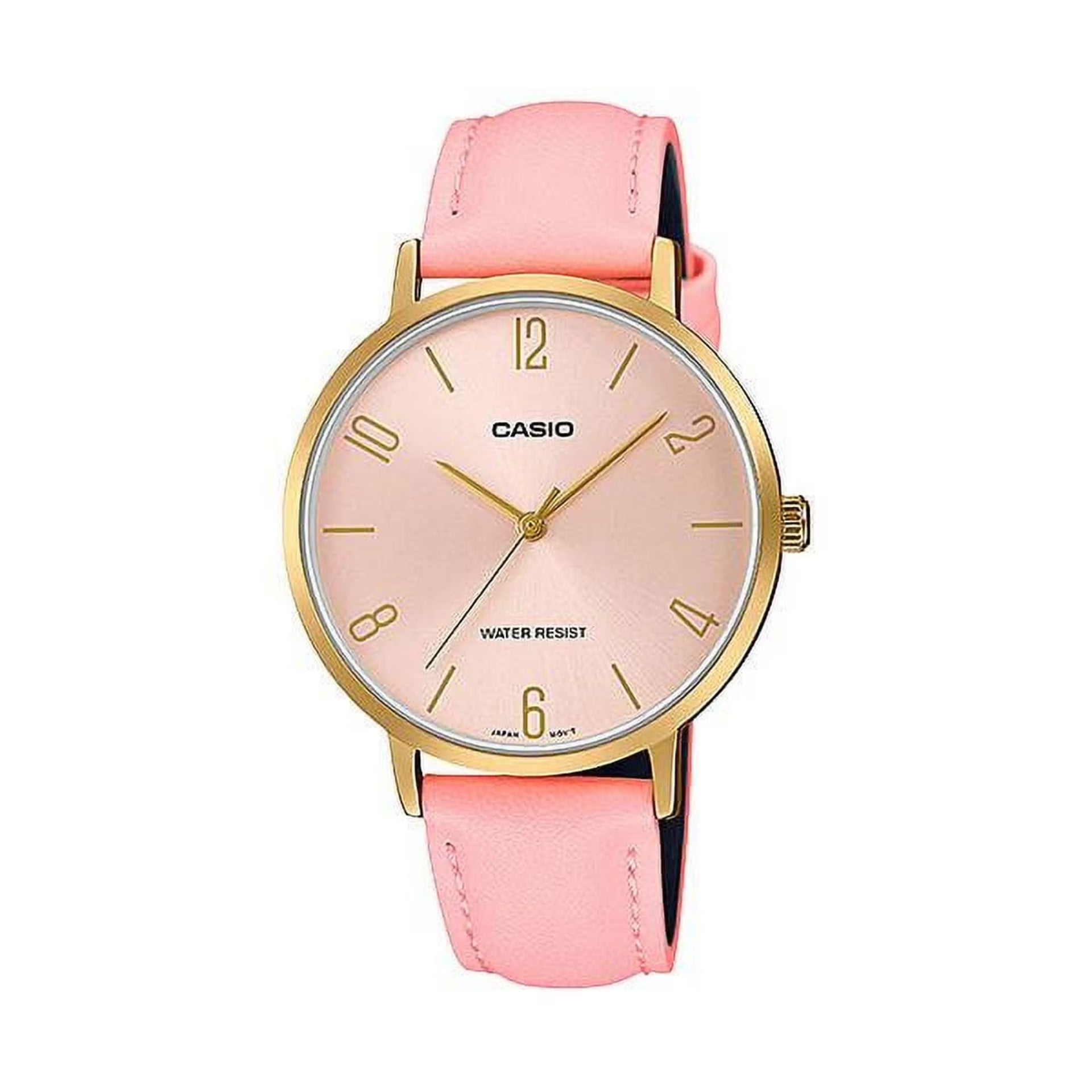 Casio Women’s Pink Leather Strap Analog Watch with Gold Case -LTP-VT01GL-4BUDF