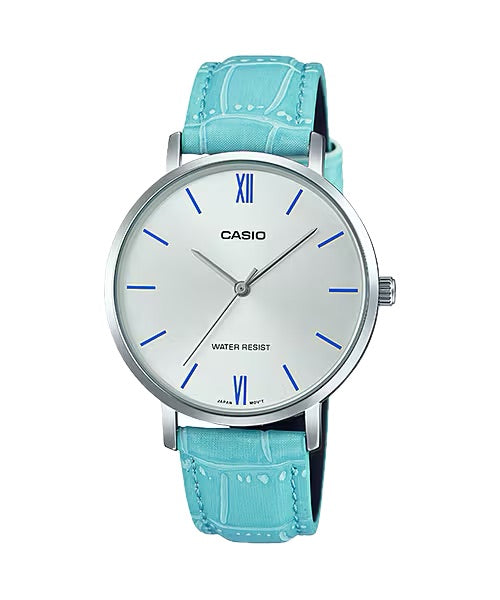 Casio WomenÕs Silver Dial Light Blue Leather Strap Watch - LTP-VT01L-7B3UDF
