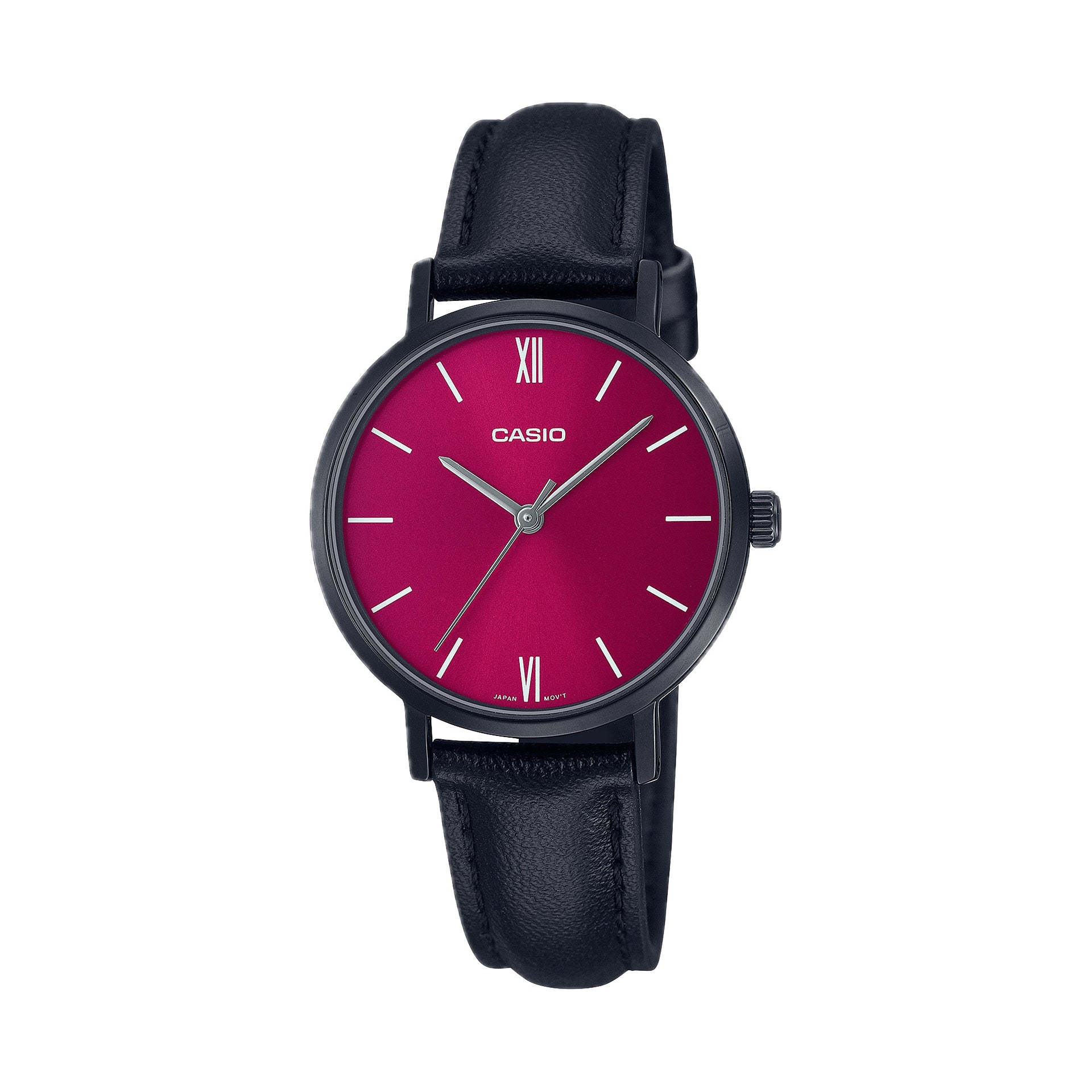 Casio WomenÕs Red Dial Black Leather Strap Watch - LTP-VT02BL-4AUDF