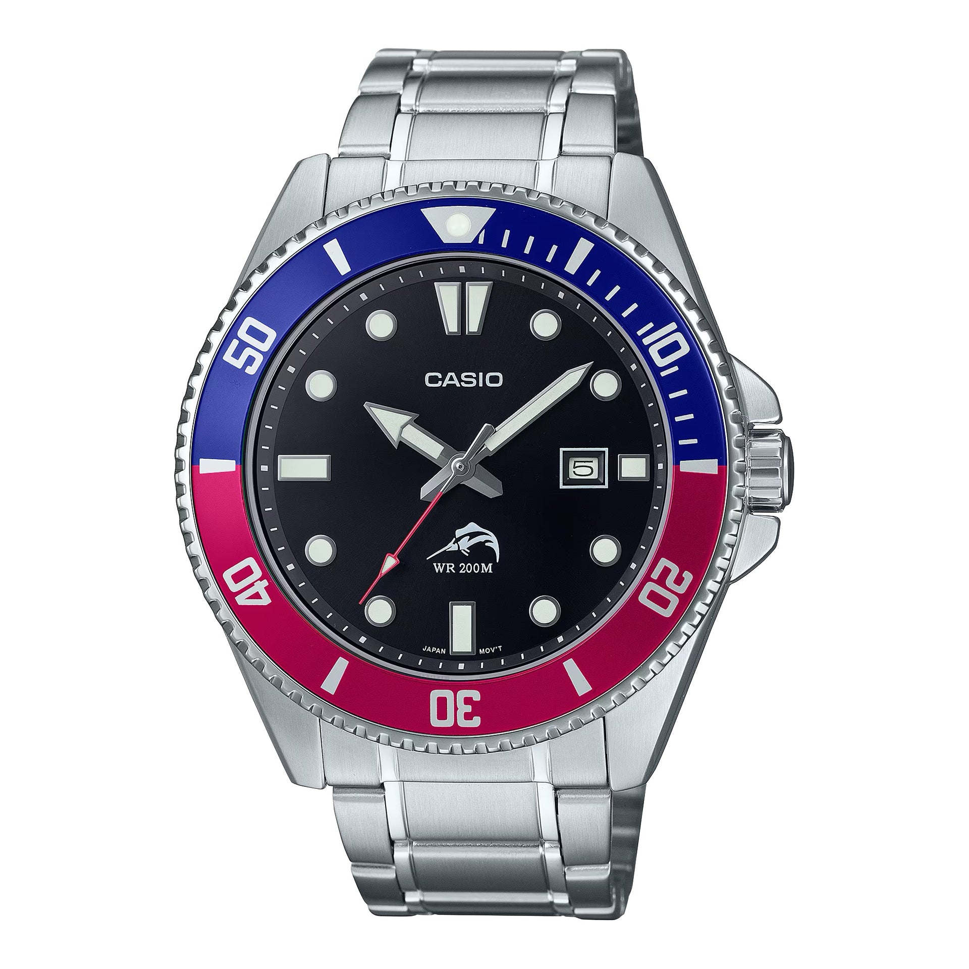 Casio MenÕs Stainless Steel Dive Watch with Black Dial and Blue-Red Accents - MDV-106DD-1A2VCF