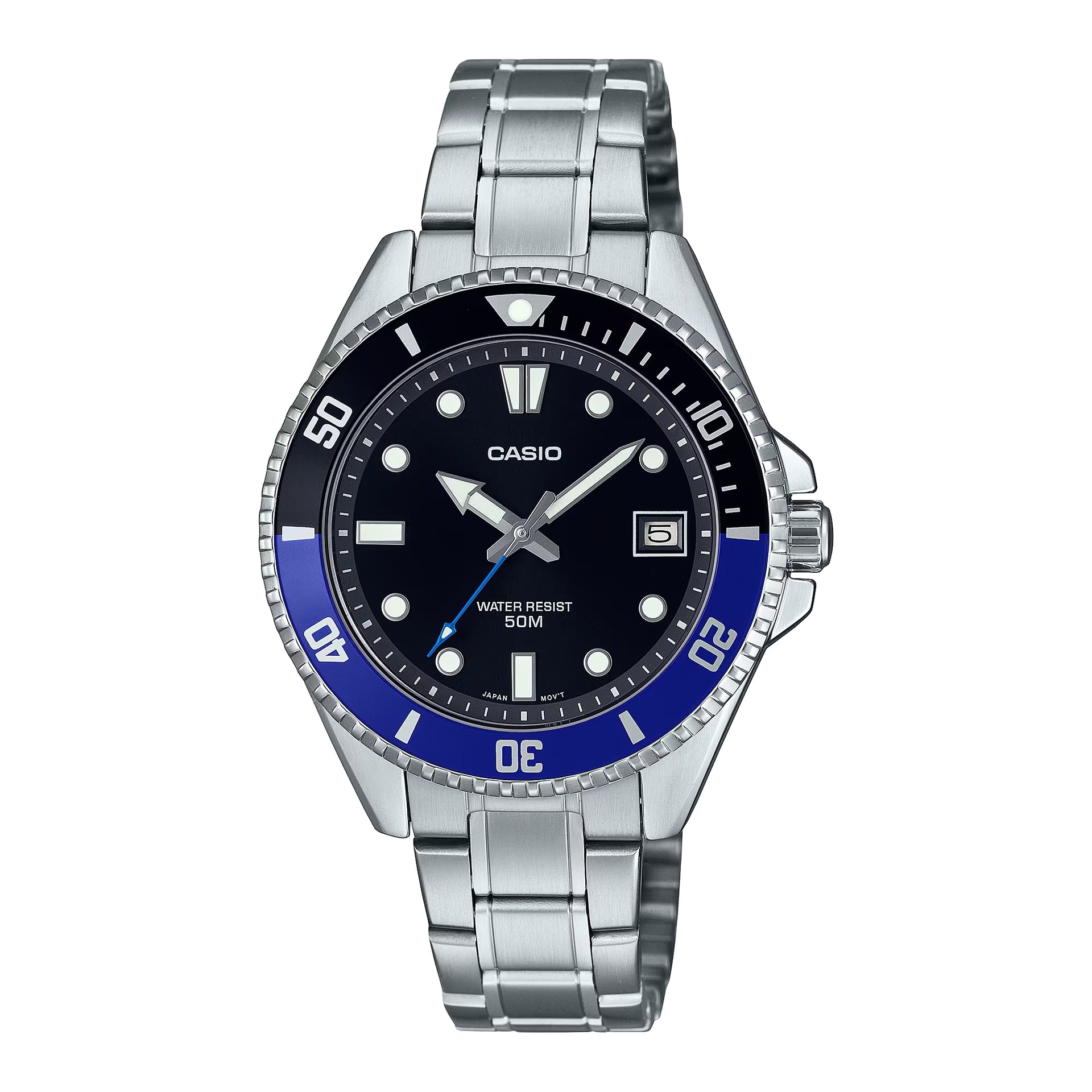 Casio MenÕs Stainless Steel Watch with Black Dial and Black-Blue Bezel - MDV-10D-1A2VDF