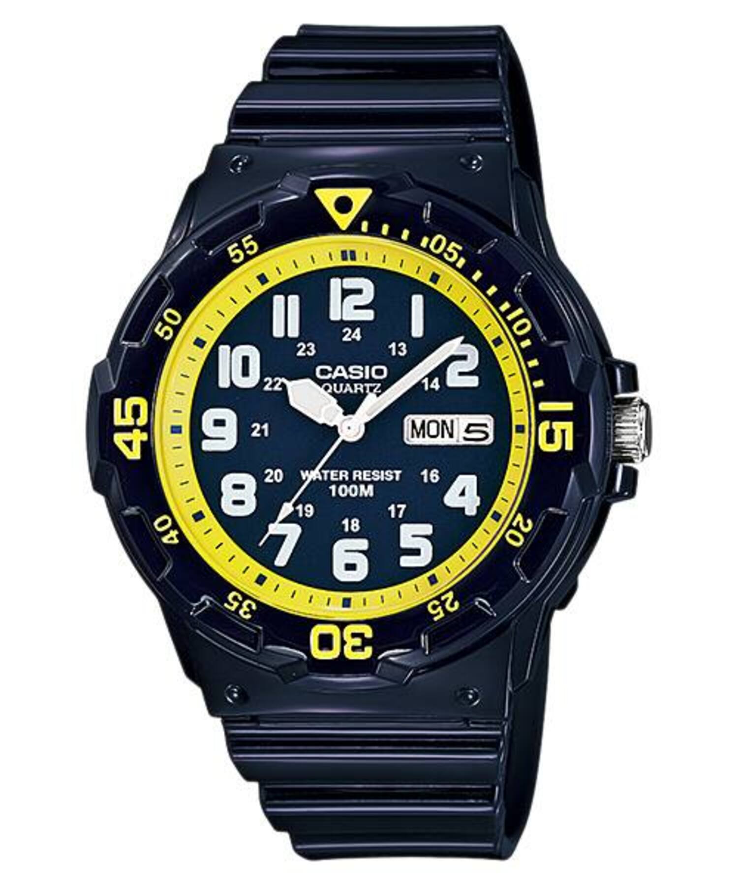 Casio MenÕs Blue and Yellow Dial Black Strap Watch - MTP-MRW-200HC-2BV