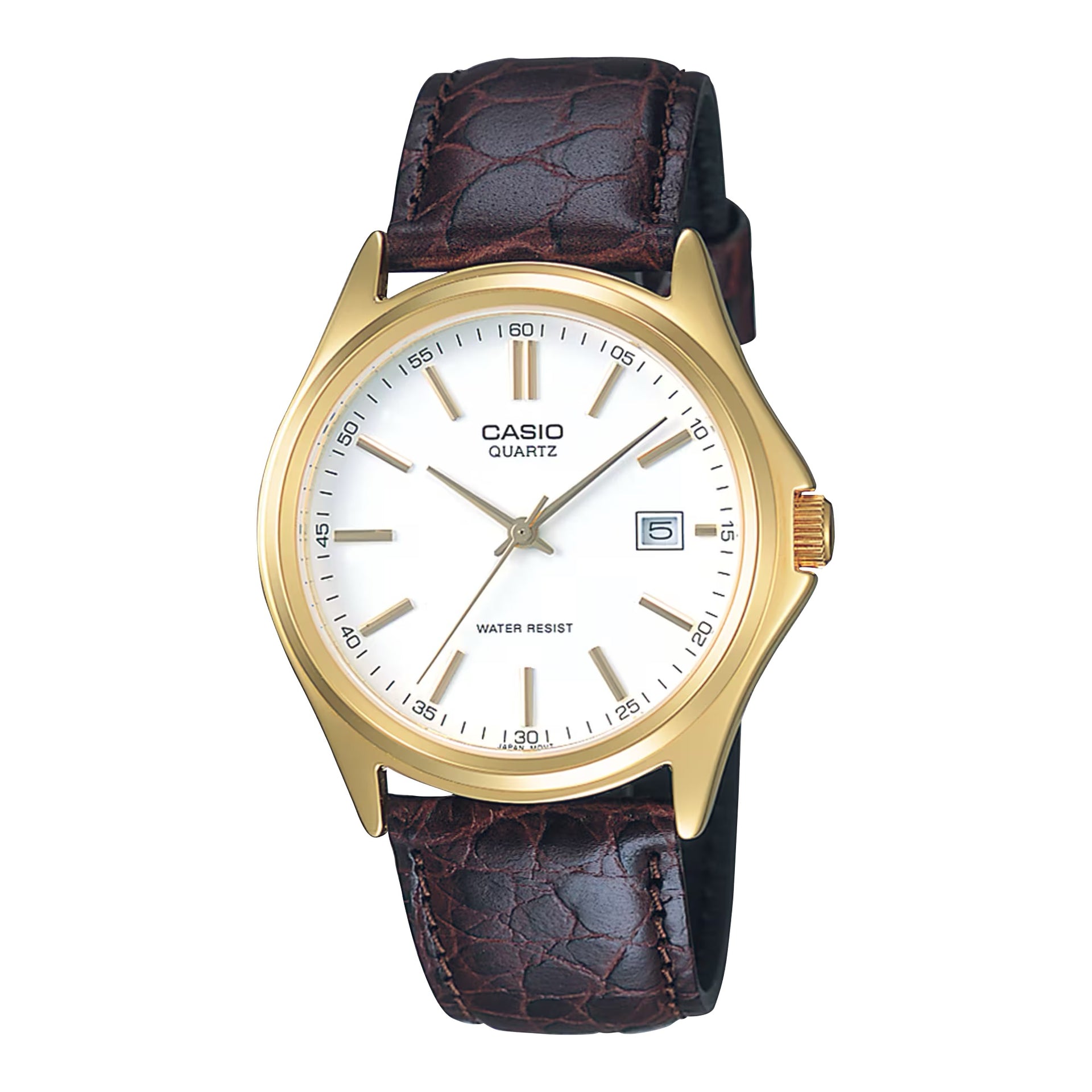 Casio MenÕs Gold-Tone Analog Watch with White Dial and Brown Leather Strap - MTP-1183Q-7A