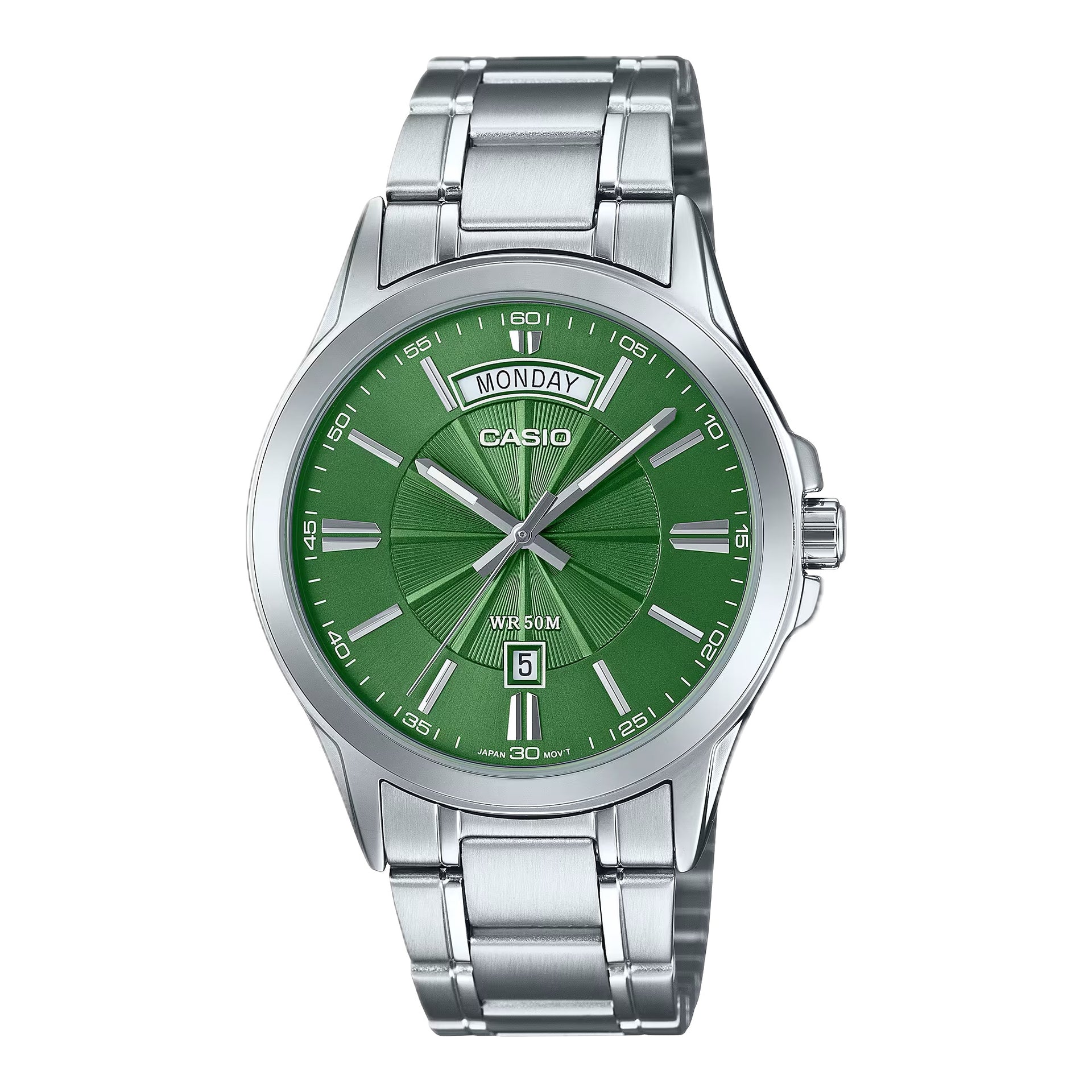 Casio MenÕs Green Dial Stainless Steel Bracelet Watch - MTP-1381D-3AVDF