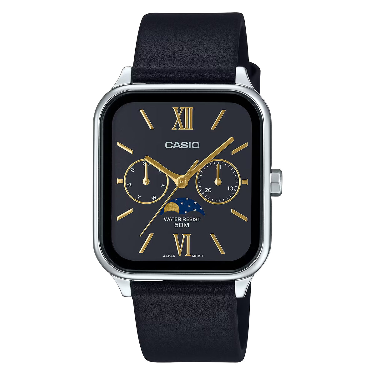 Casio Men's Black Dial Leather Moon Phase Dress Wristwatch - MTP-M305L-1A2VDF