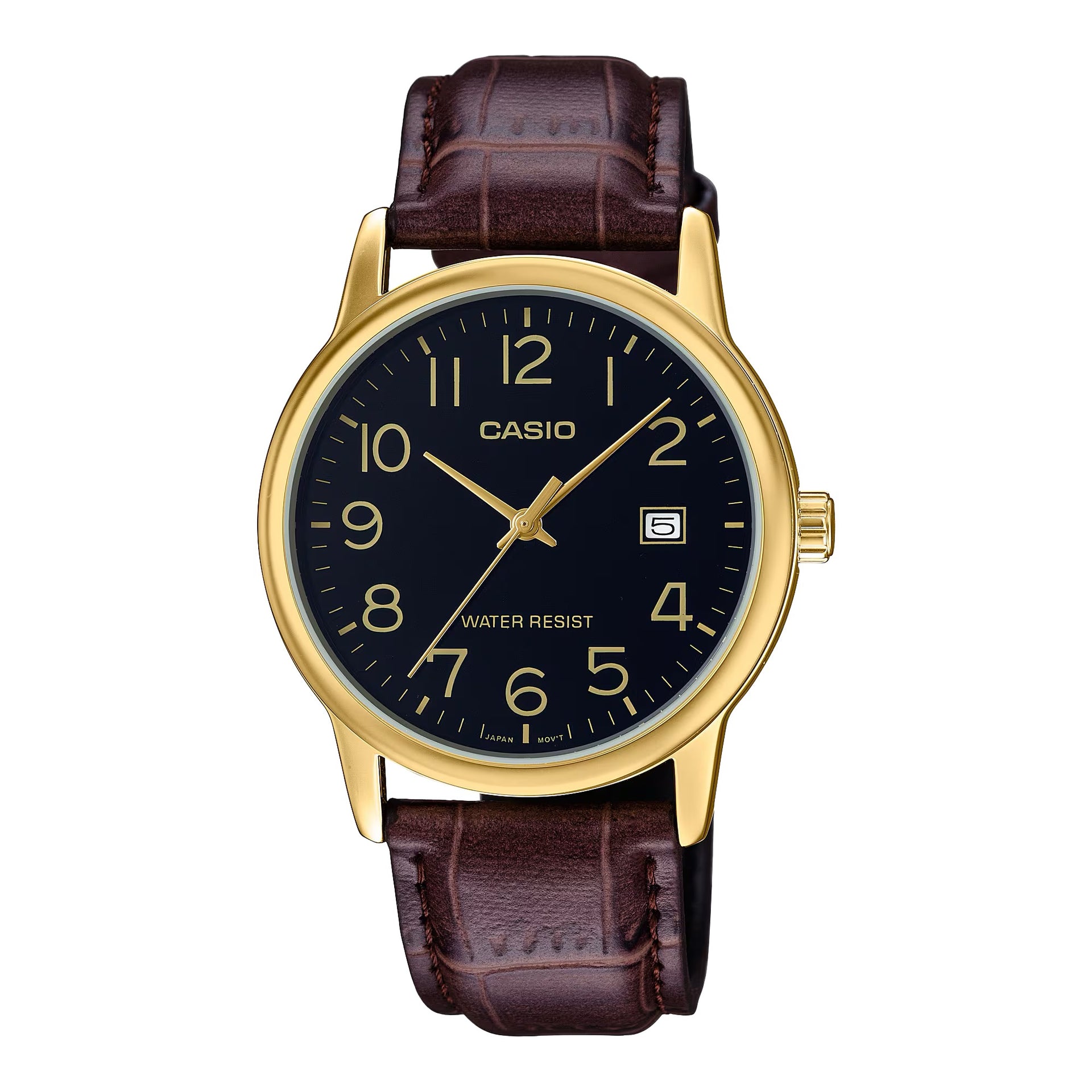 Casio MenÕs Gold Watch with Black Dial and Brown Leather Band - MTP-V002GL-1BUDF