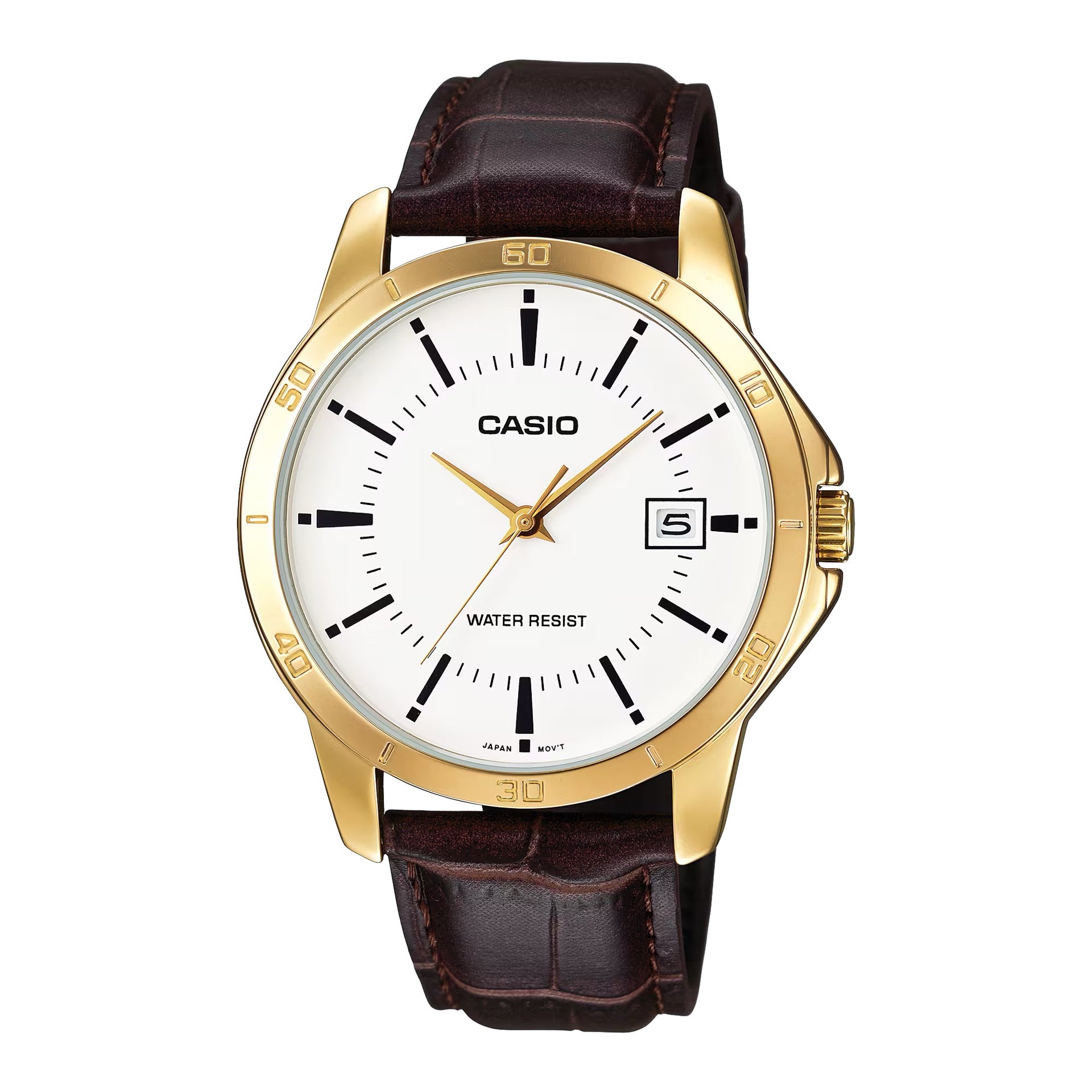 Casio MenÕs Brown Leather Strap Watch with White Dial - MTP-V004GL-7A