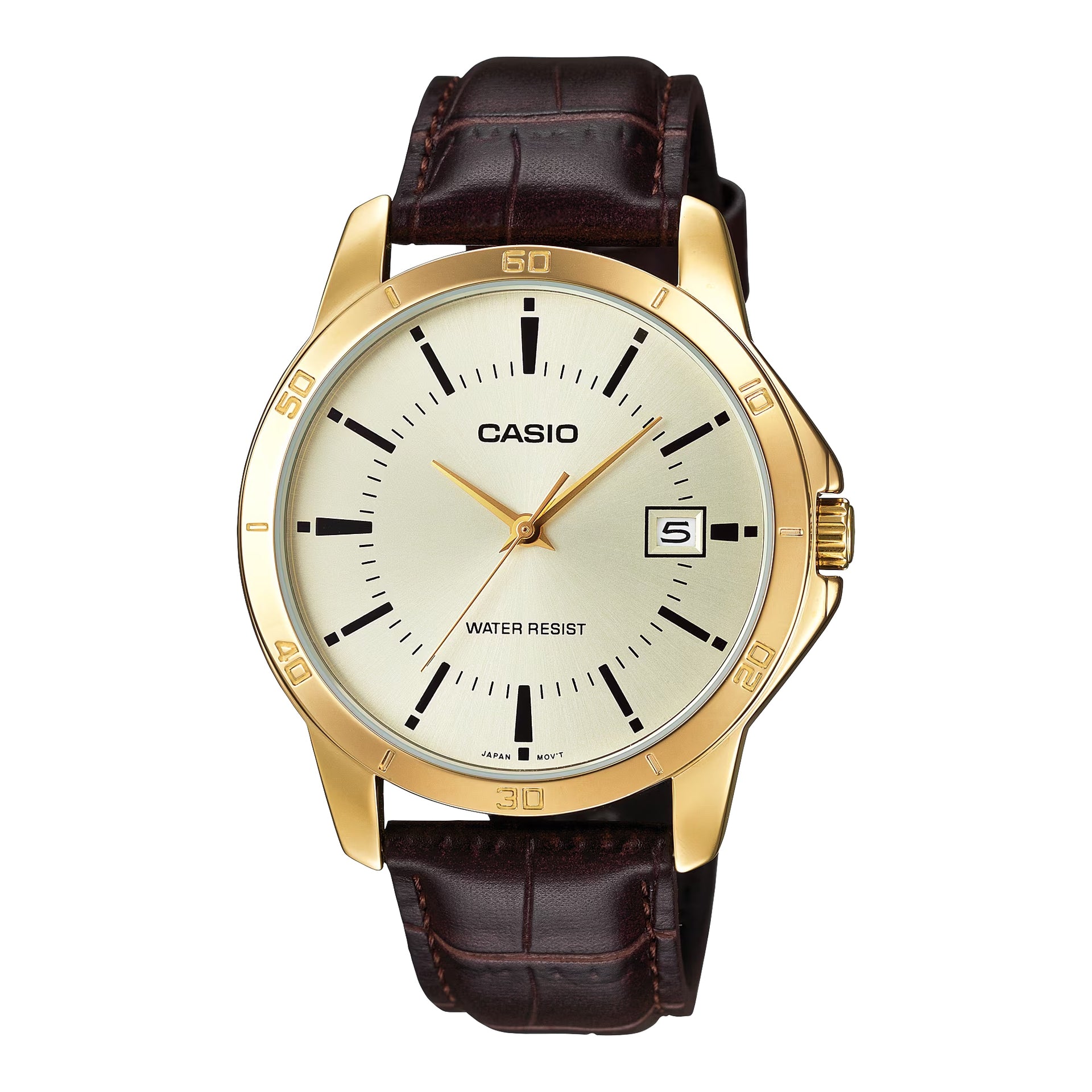 Casio MenÕs Gold Tone Analog Watch with Brown Leather Strap - MTP-V004GL-9AUDF