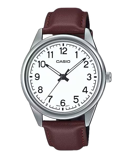 Casio MenÕs White Dial Brown Leather Strap Analog Watch - MTP-V005L-7B4UDF