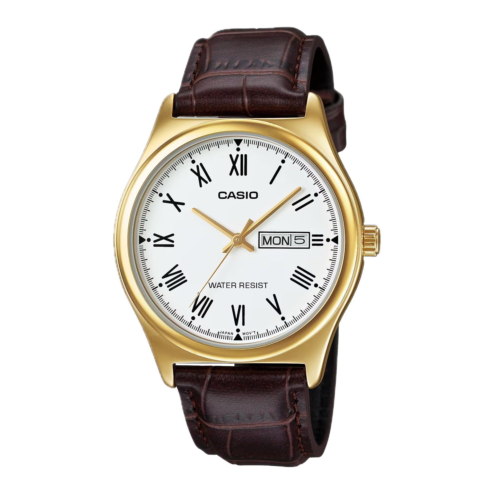 Casio MenÕs Gold-Tone Case Brown Leather Strap Watch - MTP-V006GL-7BUDF