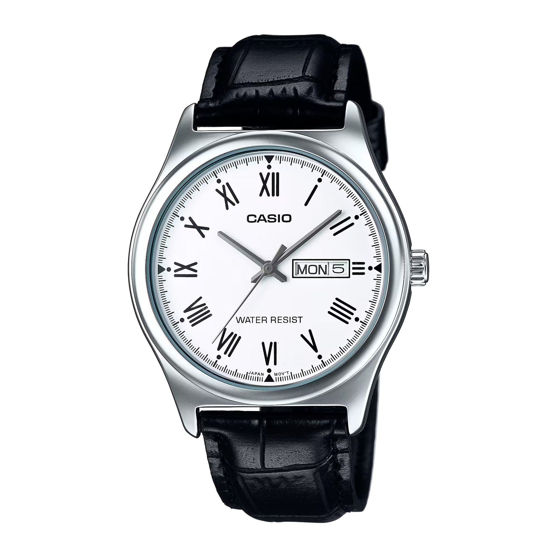 Casio MenÕs White Roman Dial Day Date Analog Watch with Leather Strap - MTP-V006L-7BUDF