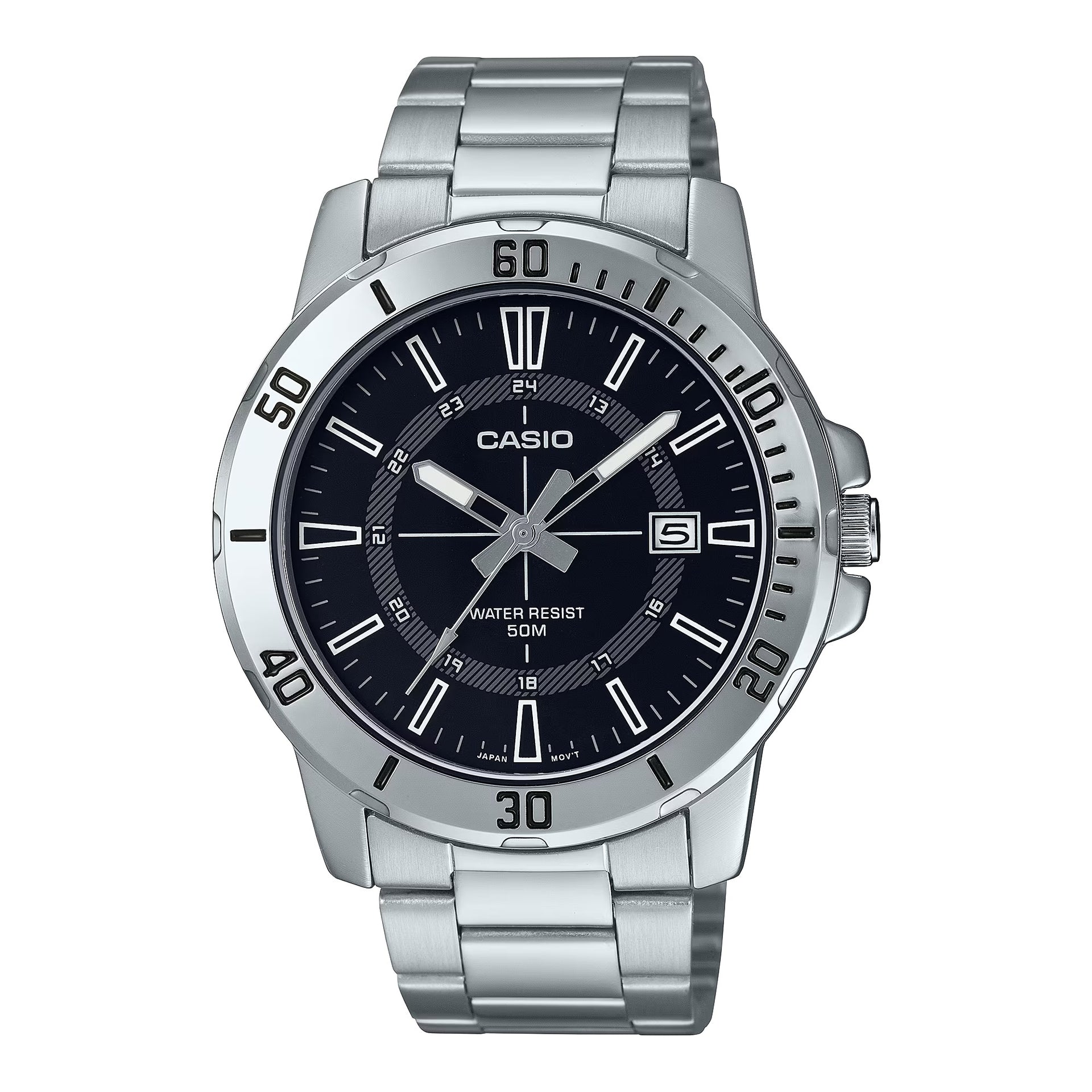 Casio MenÕs Silver Analog Watch with Black Dial and Date Display - MTP-VD01D-1CV