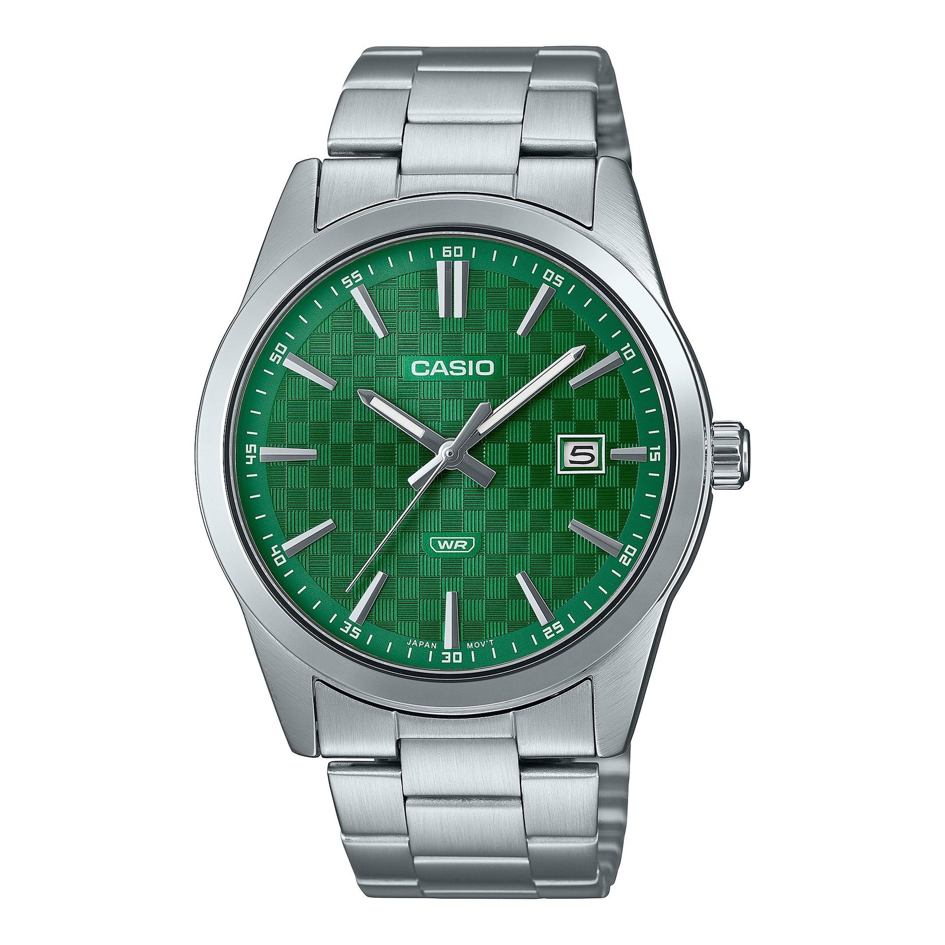 Casio MenÕs Silver Stainless Steel Watch with Green Textured Dial - MTP-VD03D-3A1UDF