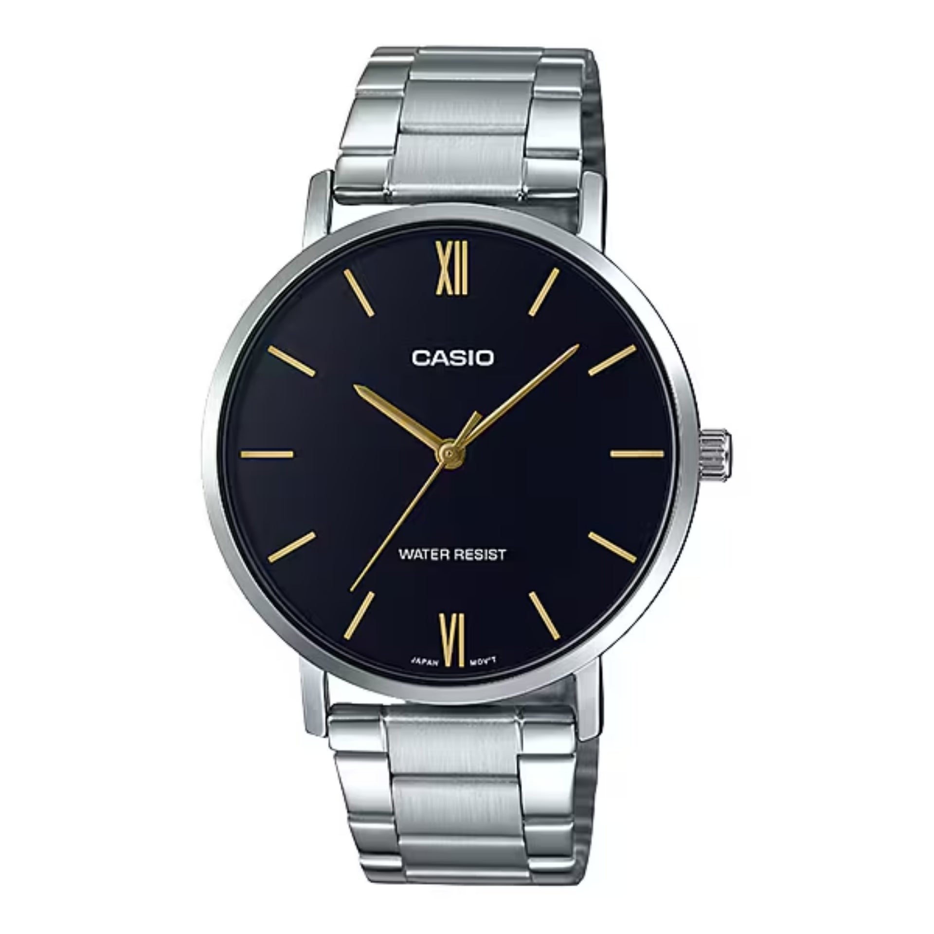 Casio Men’s Black Dial Analog Watch with Gold Accents Steel Bracelet - MTP-VT01D-1BUDF