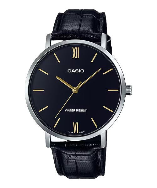 Casio MenÕs Black Dial Leather Strap Analog Watch - MTP-VT01L-1BUDF