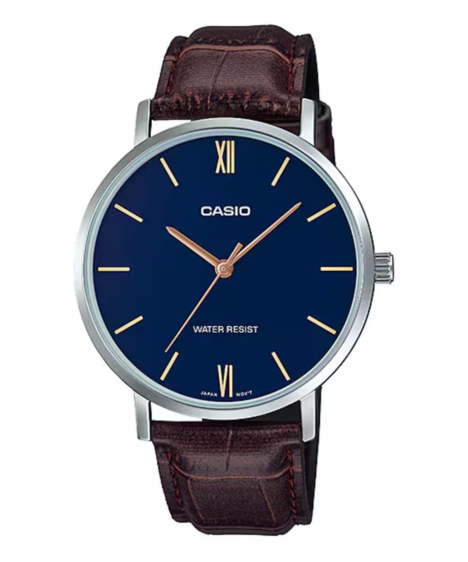 Casio MenÕs Brown Leather Watch with Blue Dial Ð MTP-VT01L-2BUDF