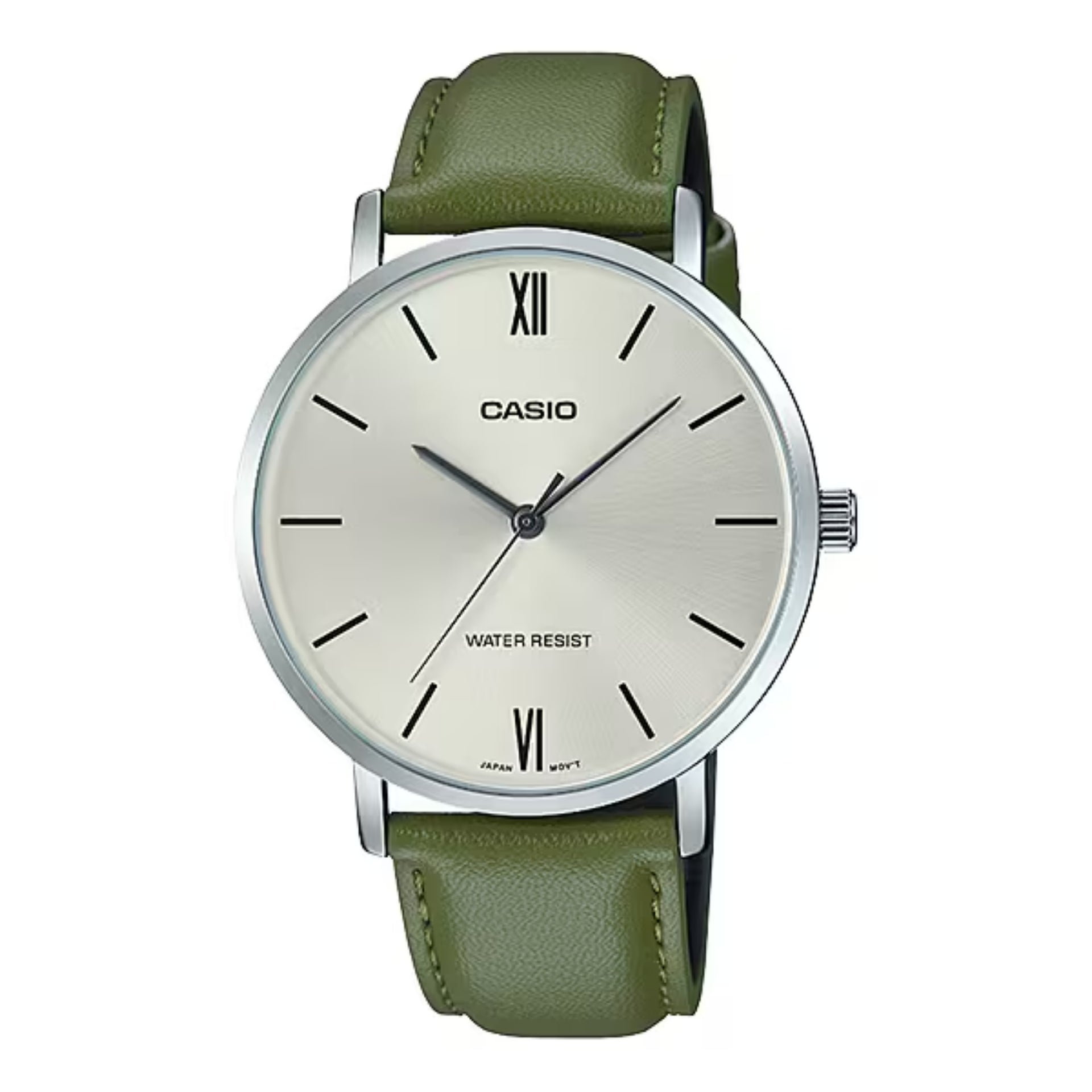 Casio MenÕs Silver Dial Watch with Green Leather Strap - MTP-VT01L-3BUDF